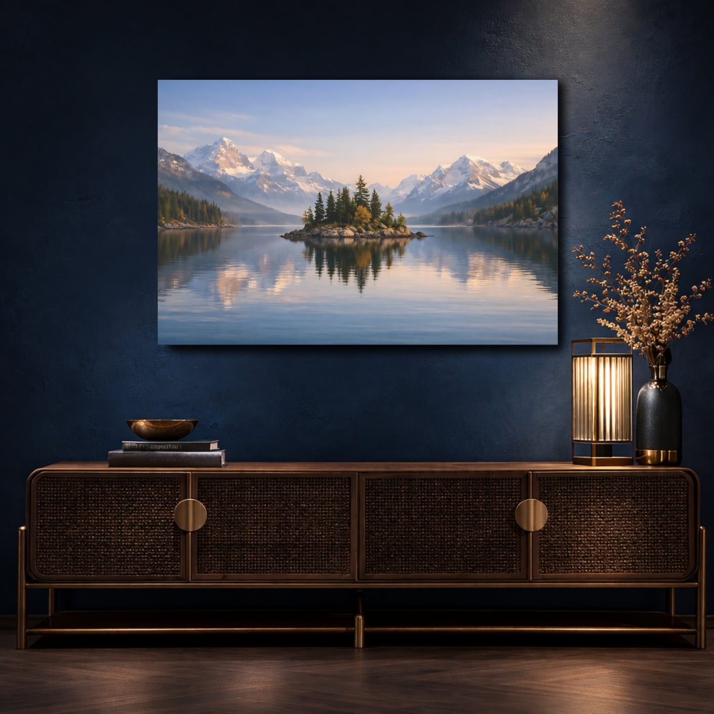 Mockup 4. Nature Mountain Lake Mountain Lake Blue shown as stretched canvas wall art