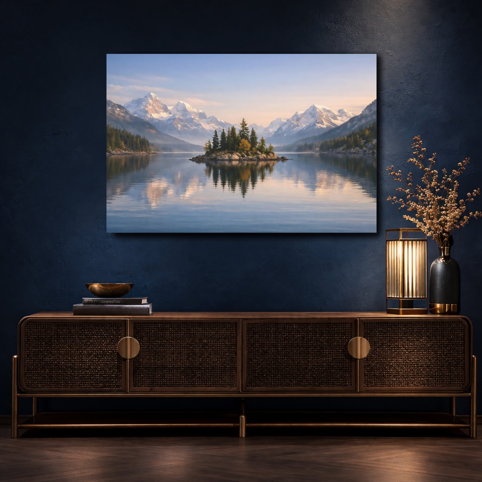 Mockup 4. Nature Mountain Lake Mountain Lake Blue shown as stretched canvas wall art