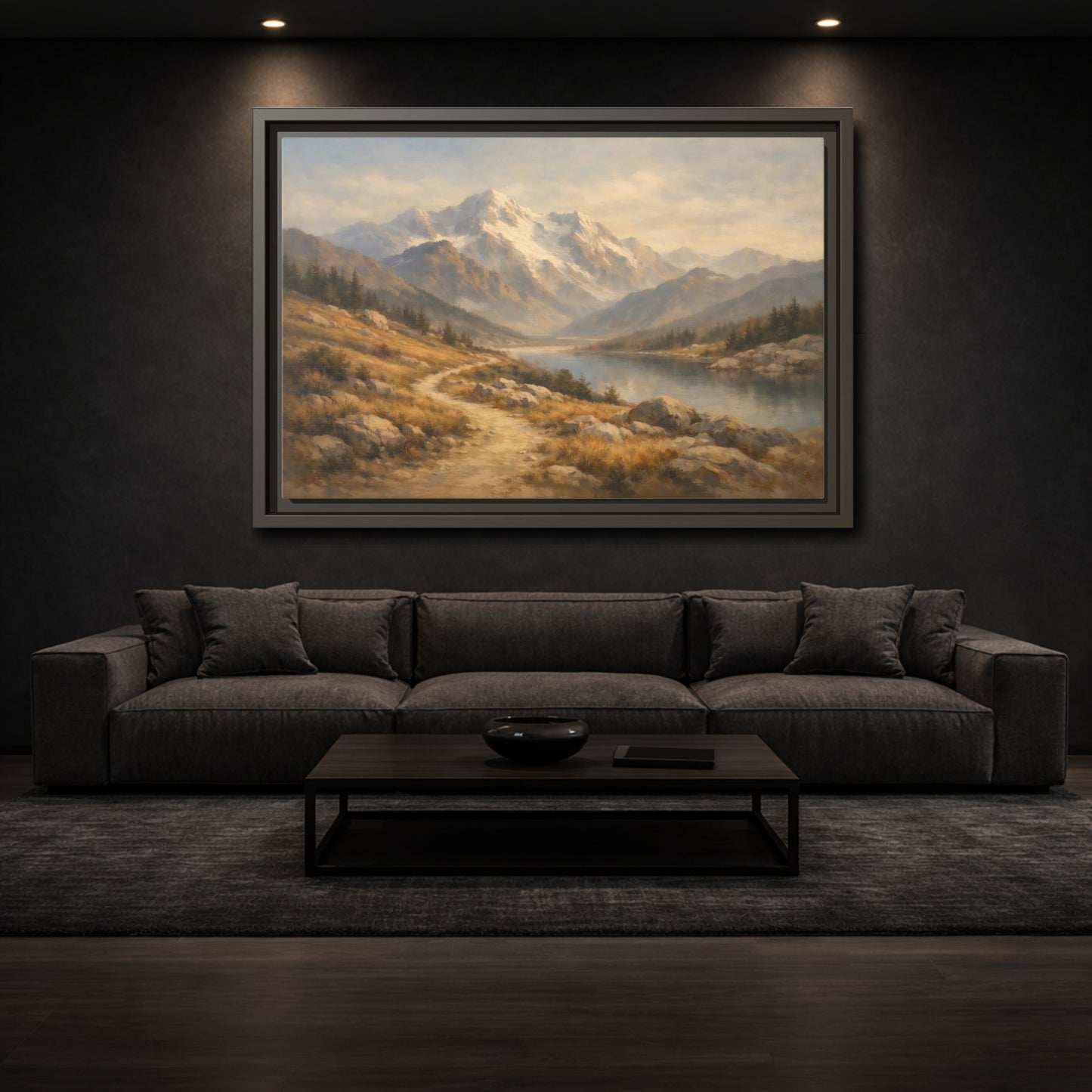 Mockup 2. Nature Mountain Lake Mountain Lake Brown Blue shown as stretched canvas wall art