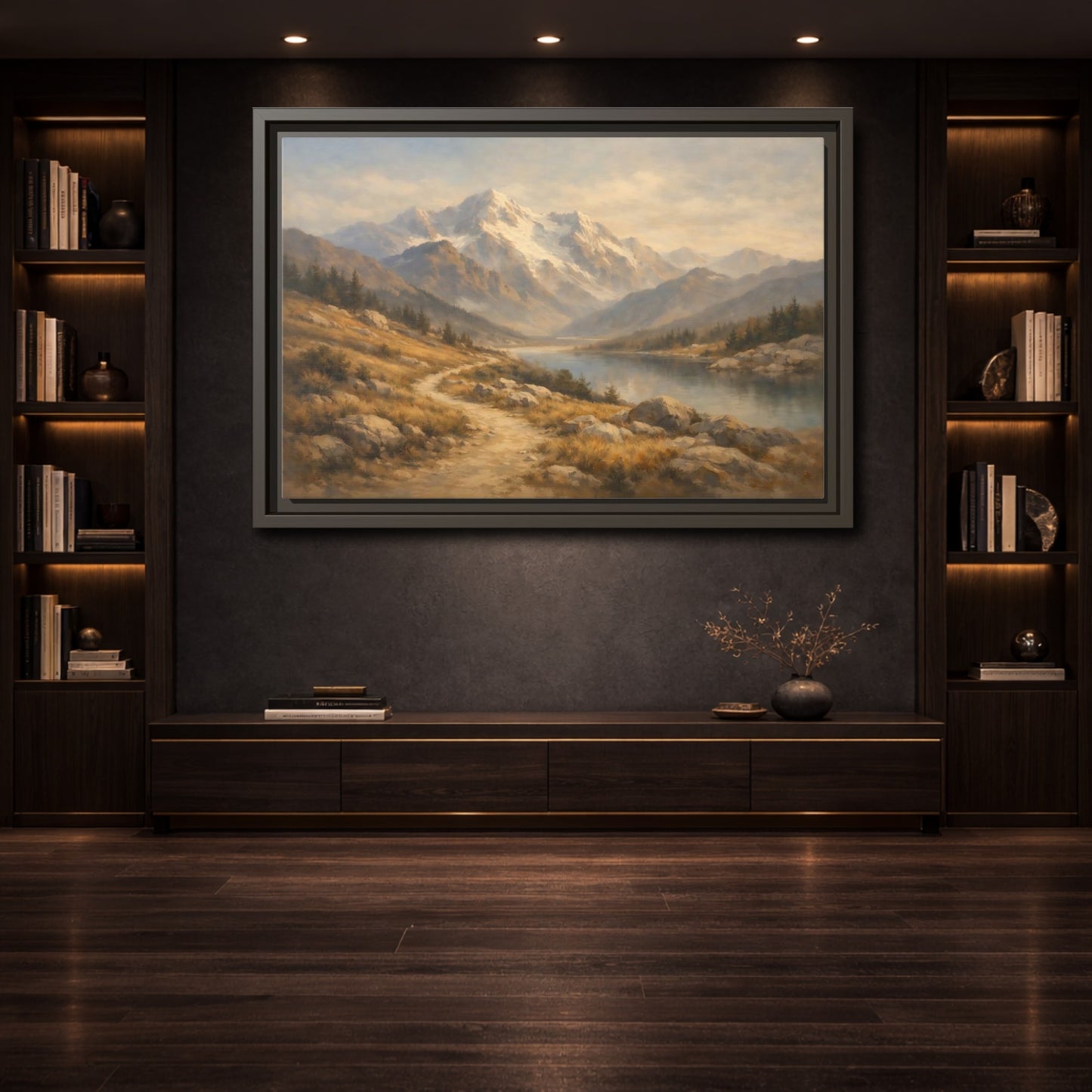 Mockup 3. Nature Mountain Lake Mountain Lake Brown Blue shown as stretched canvas wall art