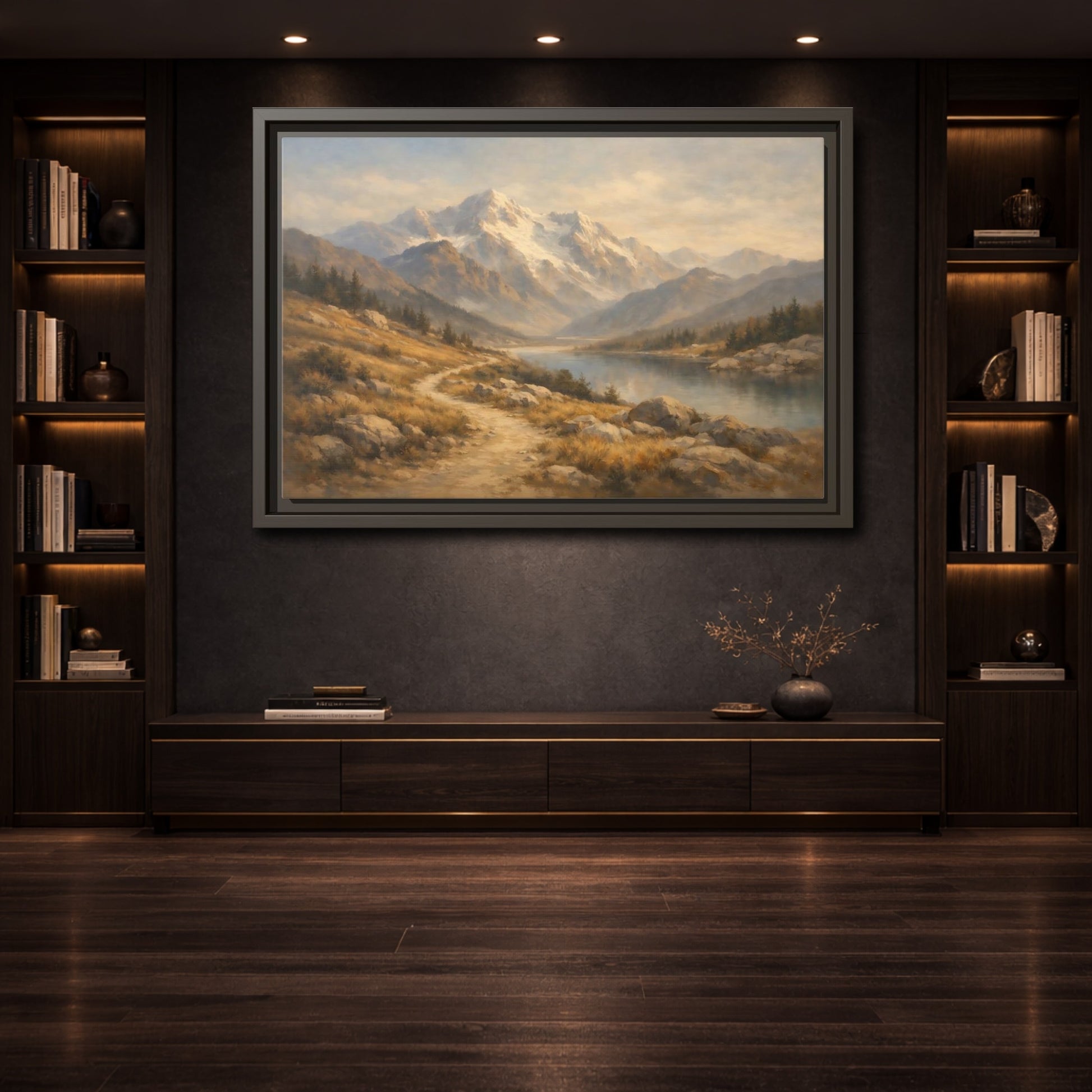 Mockup 3. Nature Mountain Lake Mountain Lake Brown Blue shown as stretched canvas wall art