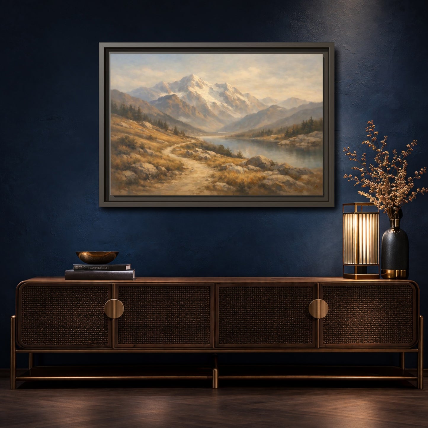 Mockup 4. Nature Mountain Lake Mountain Lake Brown Blue shown as stretched canvas wall art