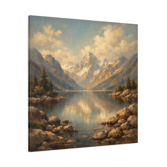Main Mockup. Nature Mountain Lake Mountain Lake Gold shown as stretched canvas wall art