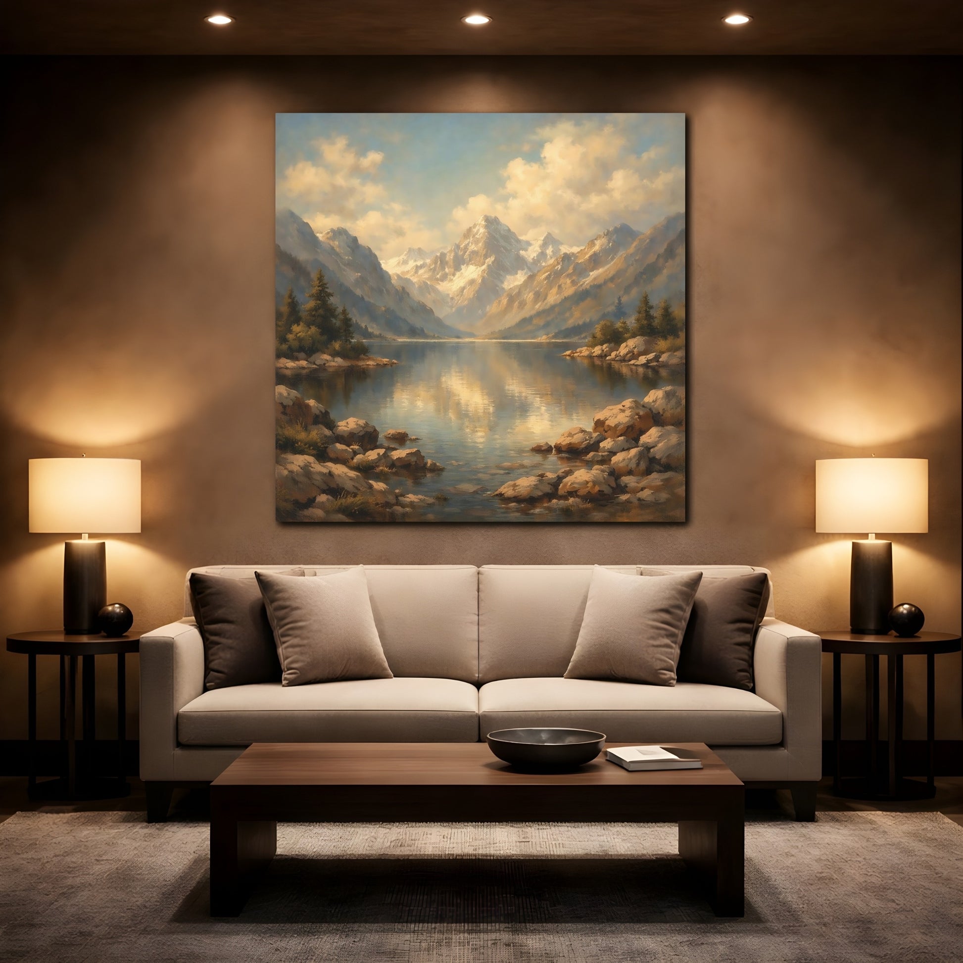 Mockup 2. Nature Mountain Lake Mountain Lake Gold shown as stretched canvas wall art
