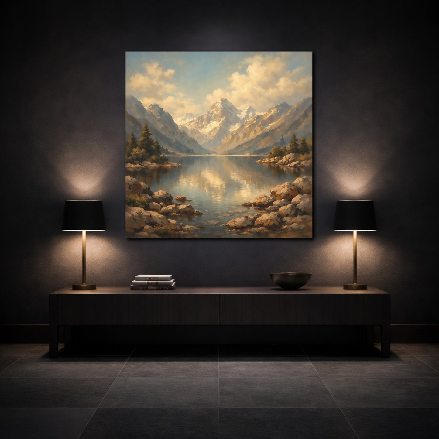 Mockup 3. Nature Mountain Lake Mountain Lake Gold shown as stretched canvas wall art