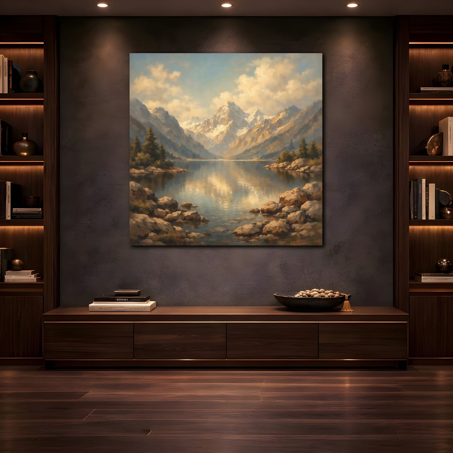 Mockup 4. Nature Mountain Lake Mountain Lake Gold shown as stretched canvas wall art