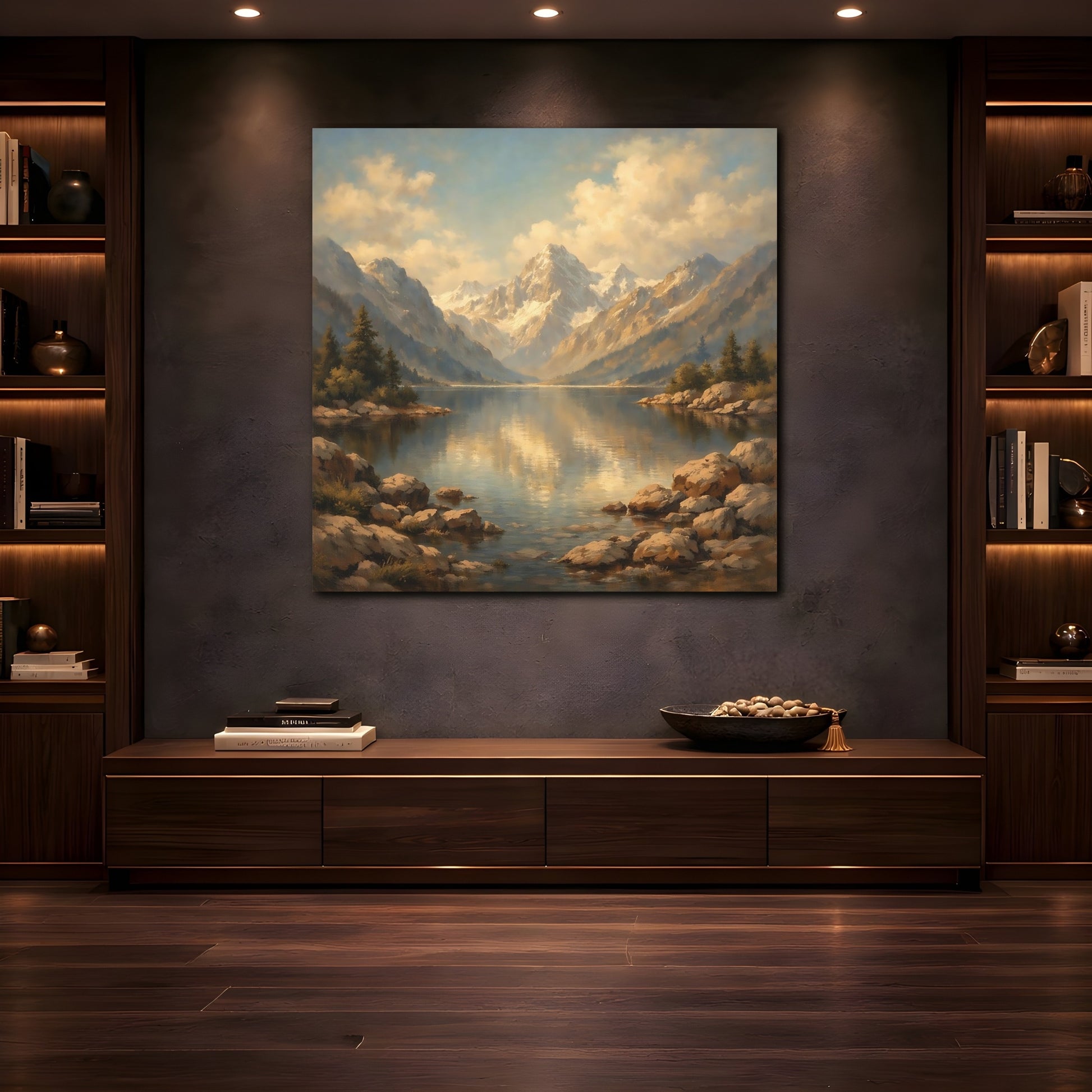 Mockup 4. Nature Mountain Lake Mountain Lake Gold shown as stretched canvas wall art