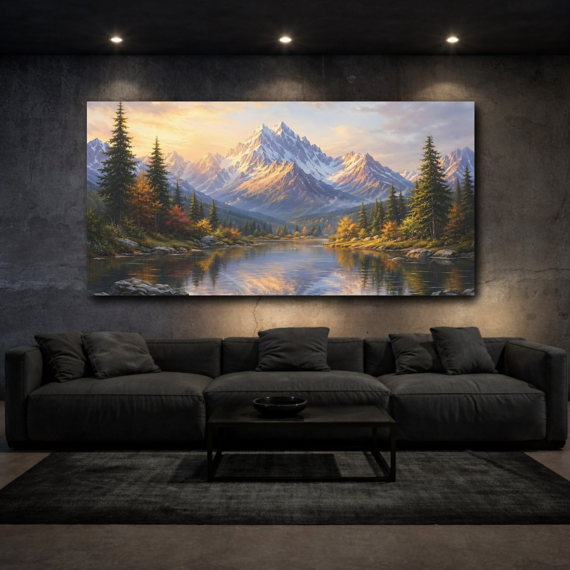 Mockup 2. Nature Mountain Lake Mountain Lake Golden Hour shown as stretched canvas wall art