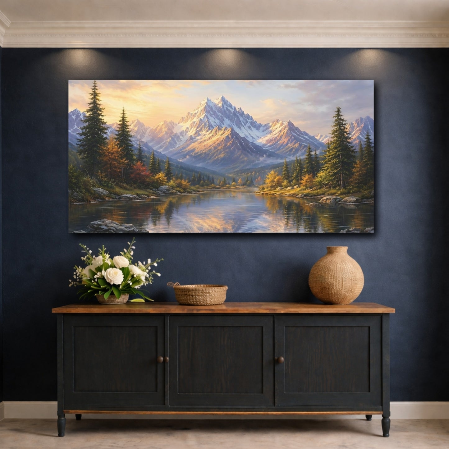 Mockup 4. Nature Mountain Lake Mountain Lake Golden Hour shown as stretched canvas wall art