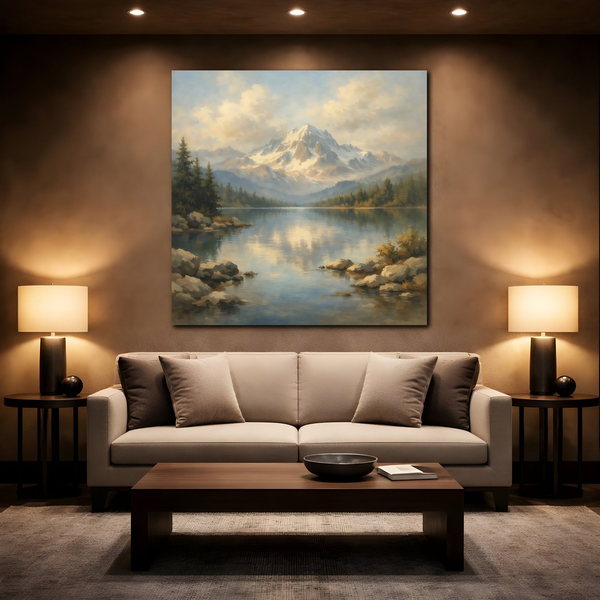 Mockup 2. Nature Mountain Lake Mountain Lake Landscape shown as stretched canvas wall art