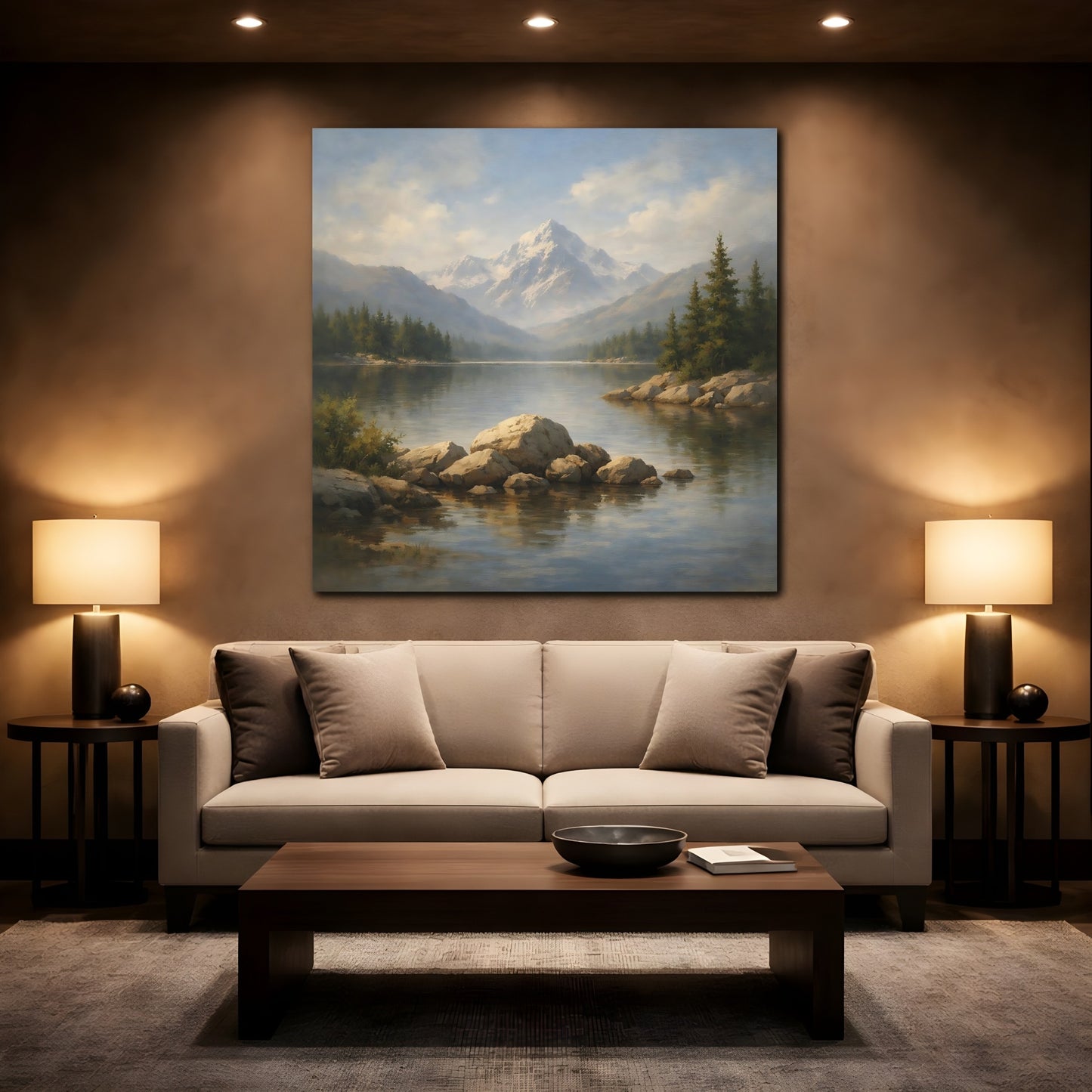 Mockup 2. Nature Mountain Lake Mountain Lake Landscape shown as stretched canvas wall art
