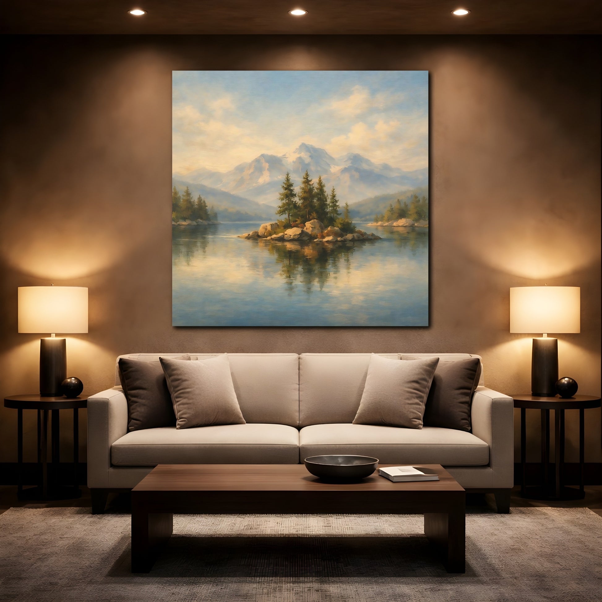 Mockup 2. Nature Mountain Lake Mountain Lake Landscape shown as stretched canvas wall art