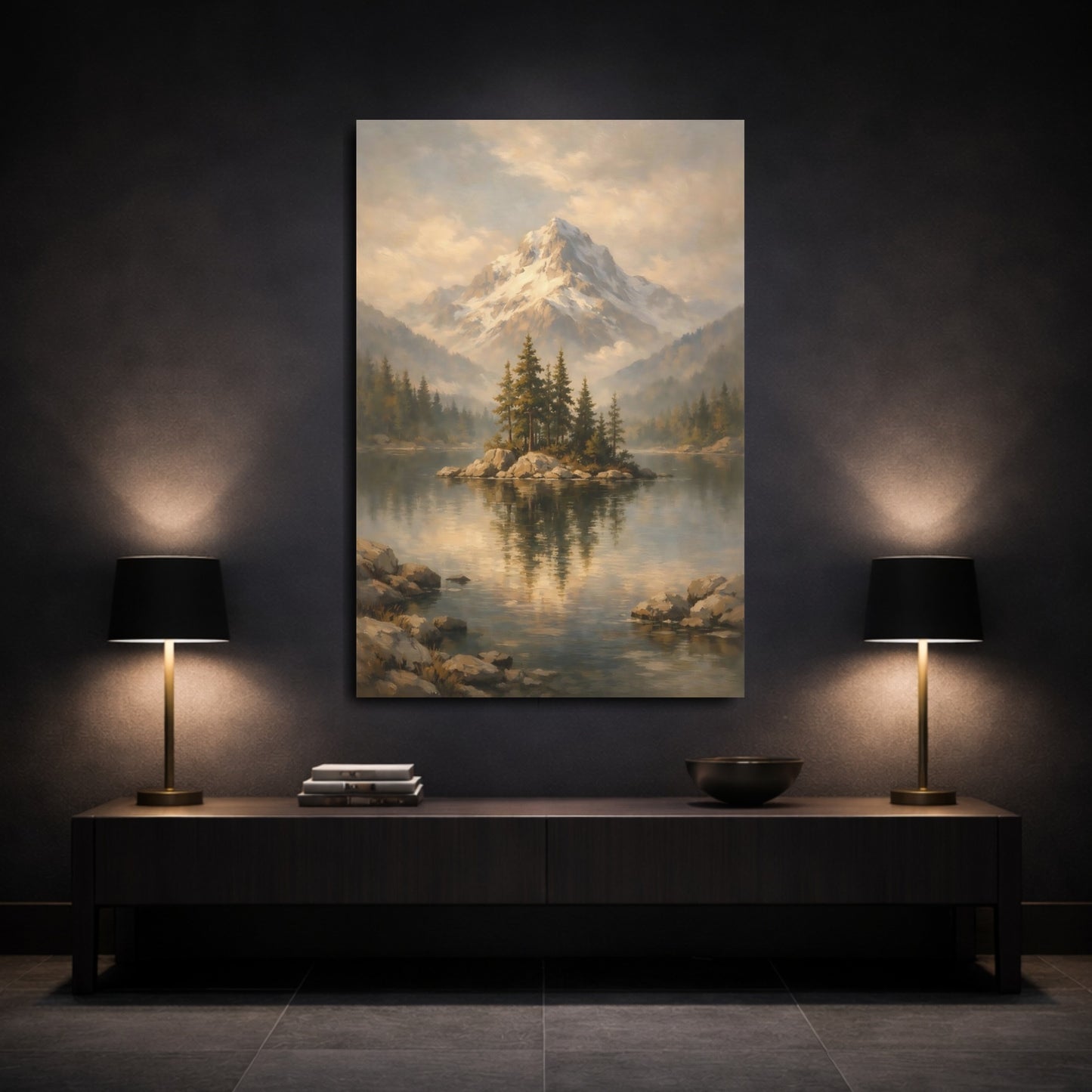 Mockup 2. Nature Mountain Lake Mountain Lake Landscape shown as stretched canvas wall art