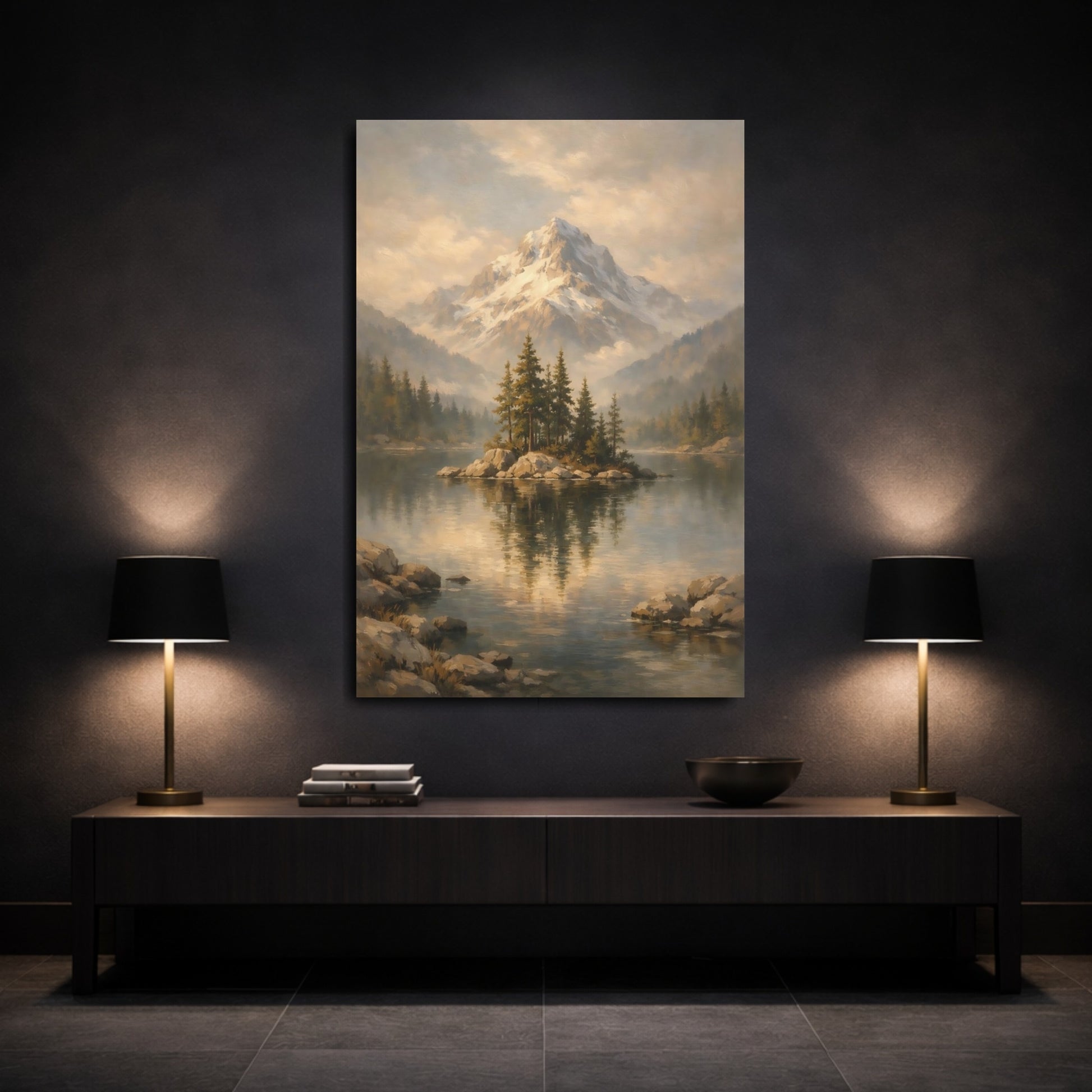 Mockup 2. Nature Mountain Lake Mountain Lake Landscape shown as stretched canvas wall art