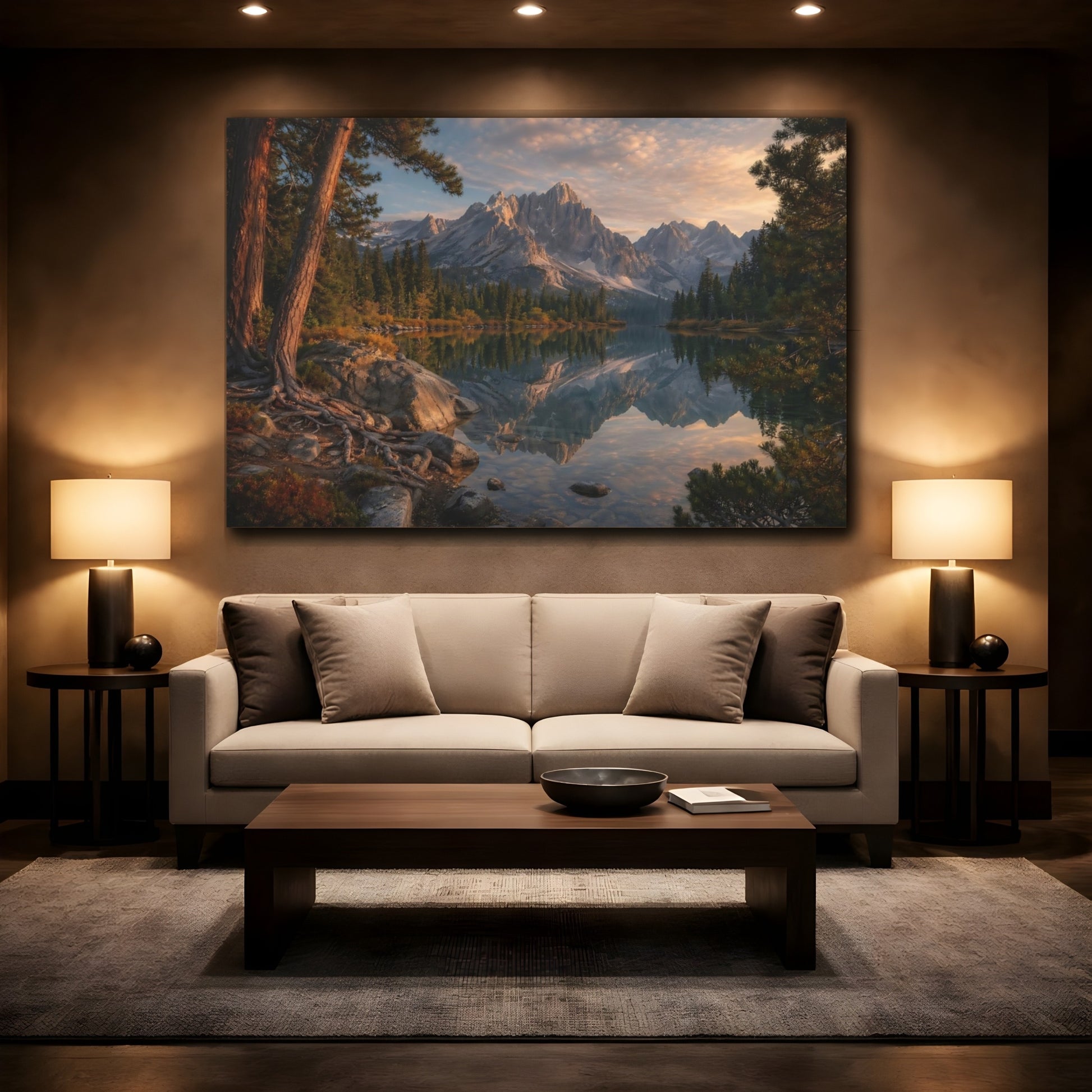 Mockup 2. Nature Mountain Lake Mountain Lake Landscape shown as stretched canvas wall art