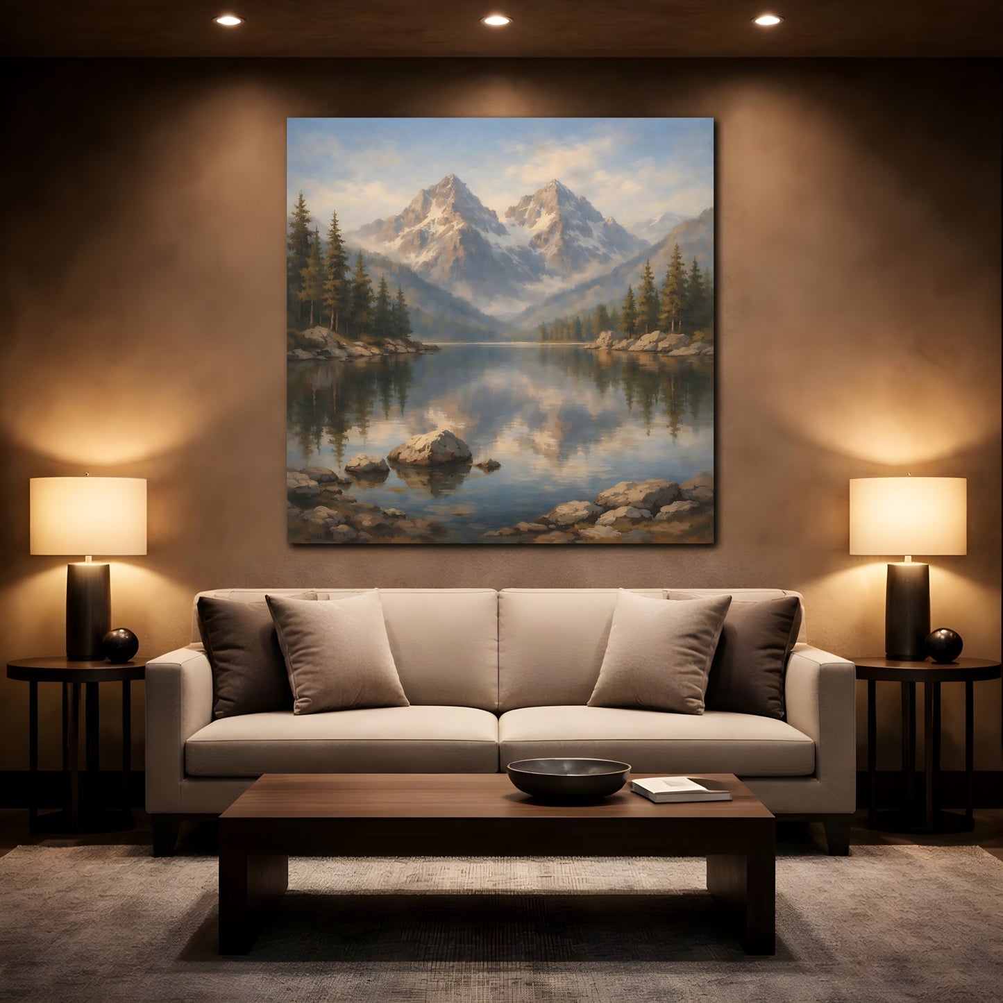 Mockup 2. Nature Mountain Lake Mountain Lake Landscape shown as stretched canvas wall art