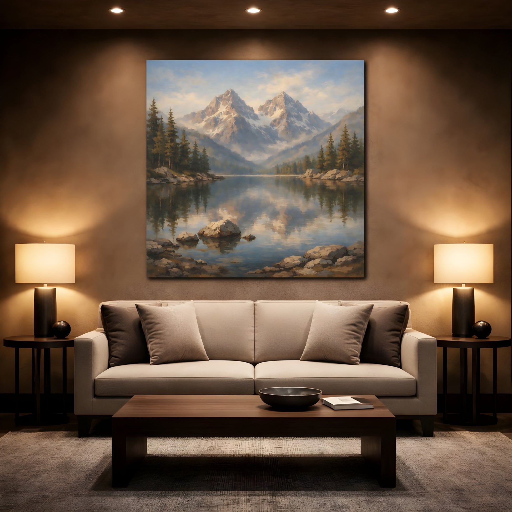 Mockup 2. Nature Mountain Lake Mountain Lake Landscape shown as stretched canvas wall art