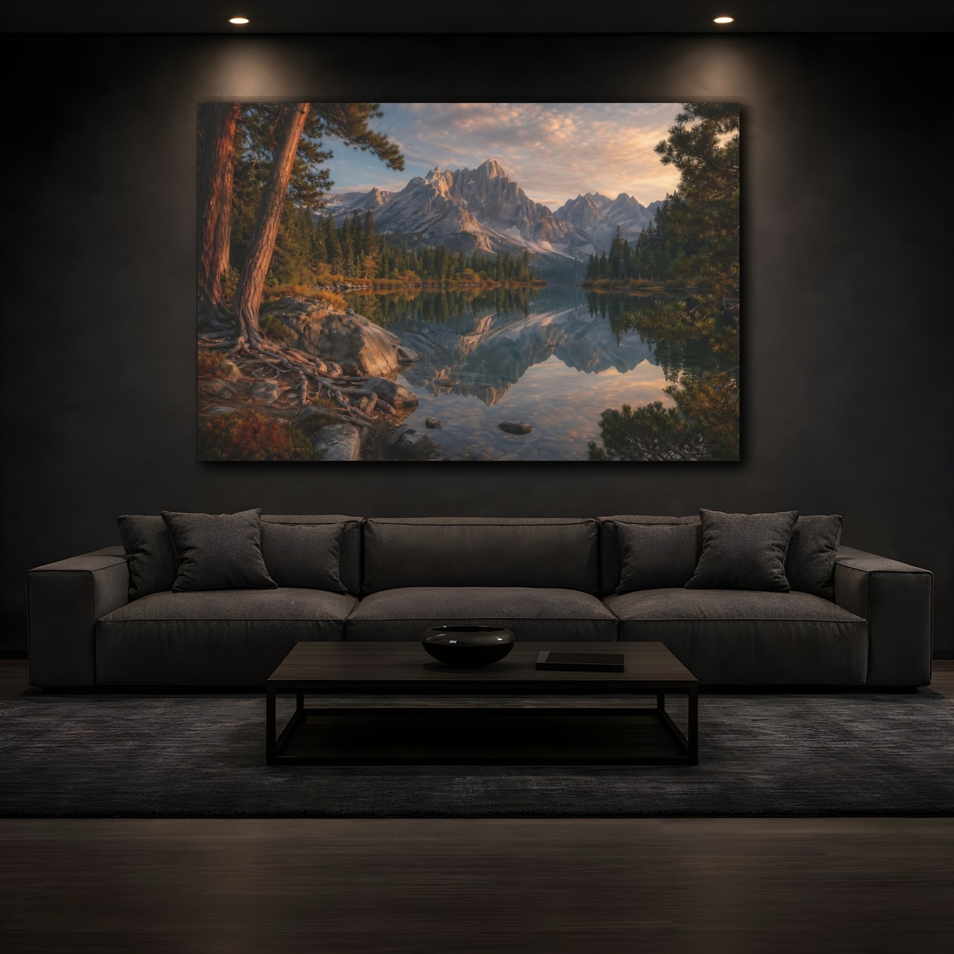 Mockup 3. Nature Mountain Lake Mountain Lake Landscape shown as stretched canvas wall art