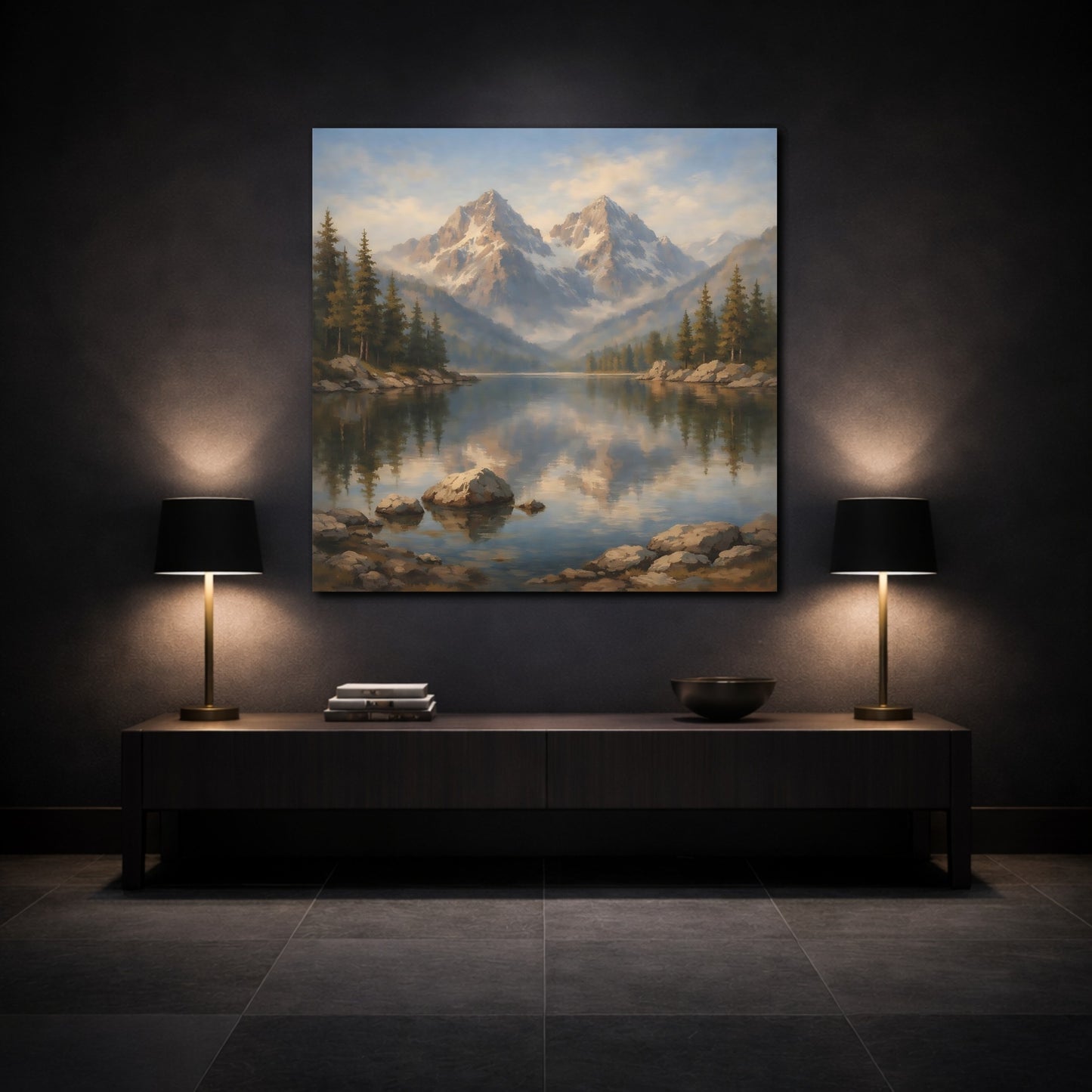 Mockup 3. Nature Mountain Lake Mountain Lake Landscape shown as stretched canvas wall art