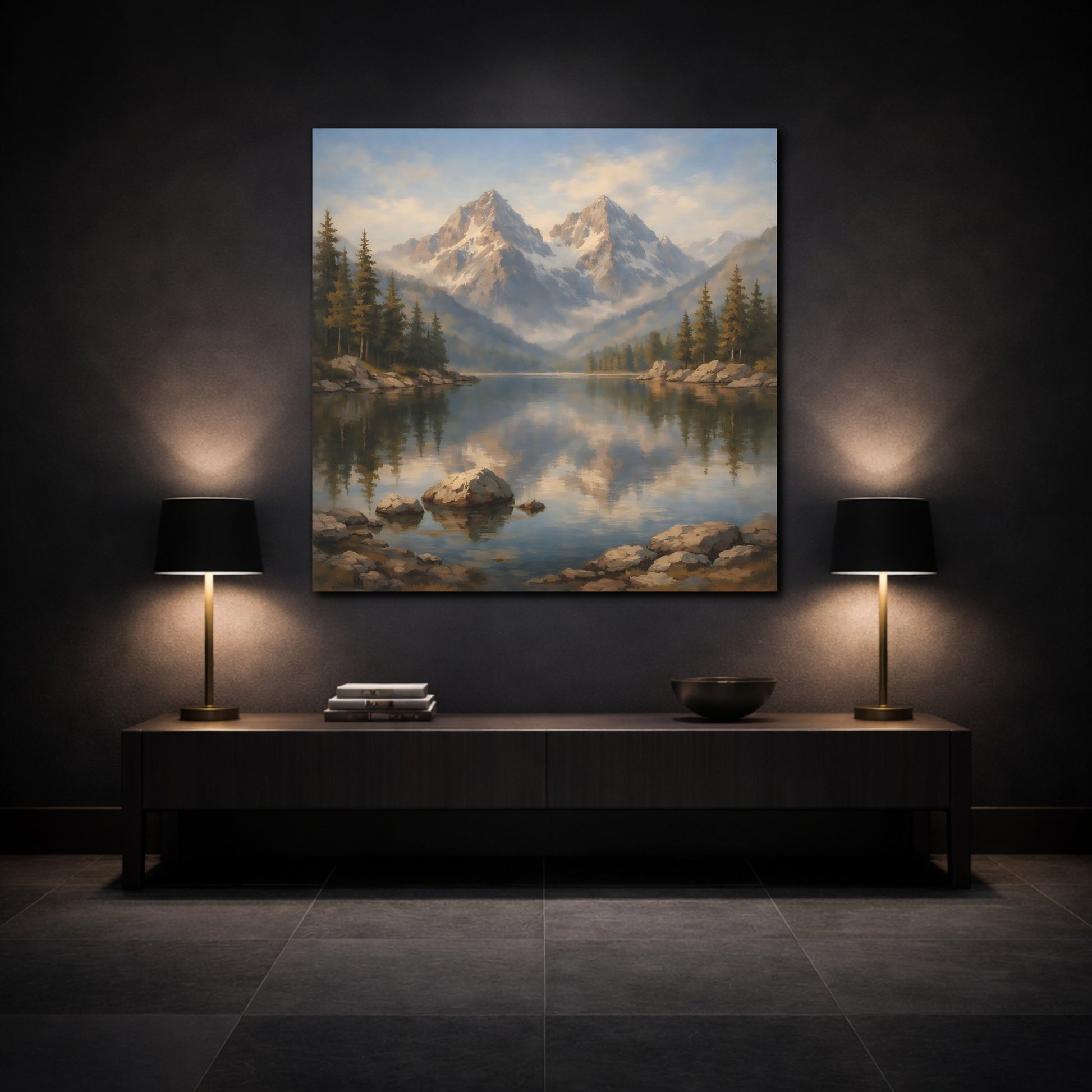 Mockup 3. Nature Mountain Lake Mountain Lake Landscape shown as stretched canvas wall art