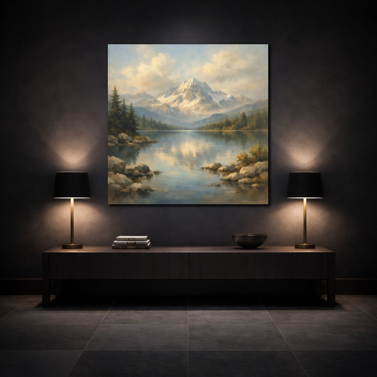 Mockup 3. Nature Mountain Lake Mountain Lake Landscape shown as stretched canvas wall art