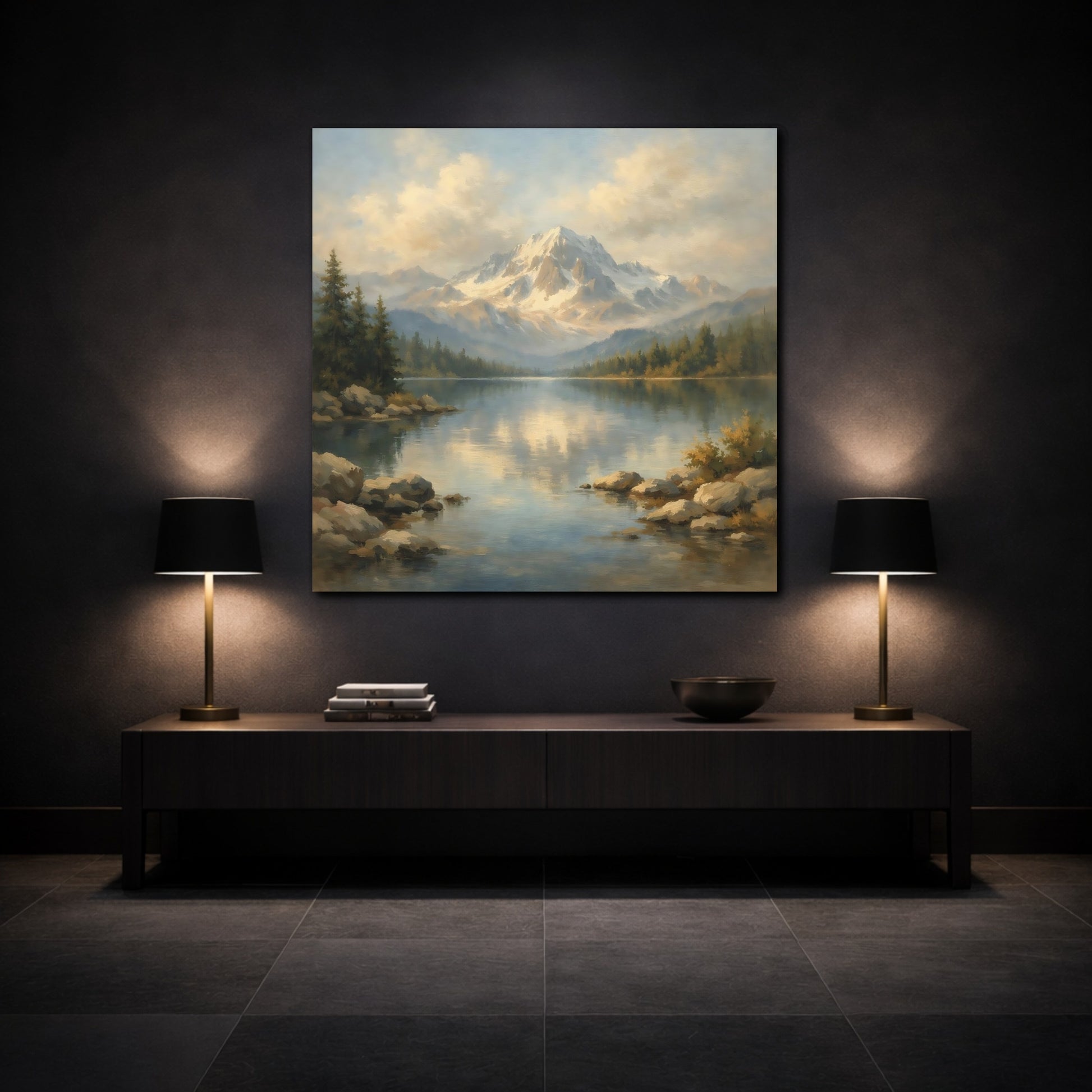 Mockup 3. Nature Mountain Lake Mountain Lake Landscape shown as stretched canvas wall art