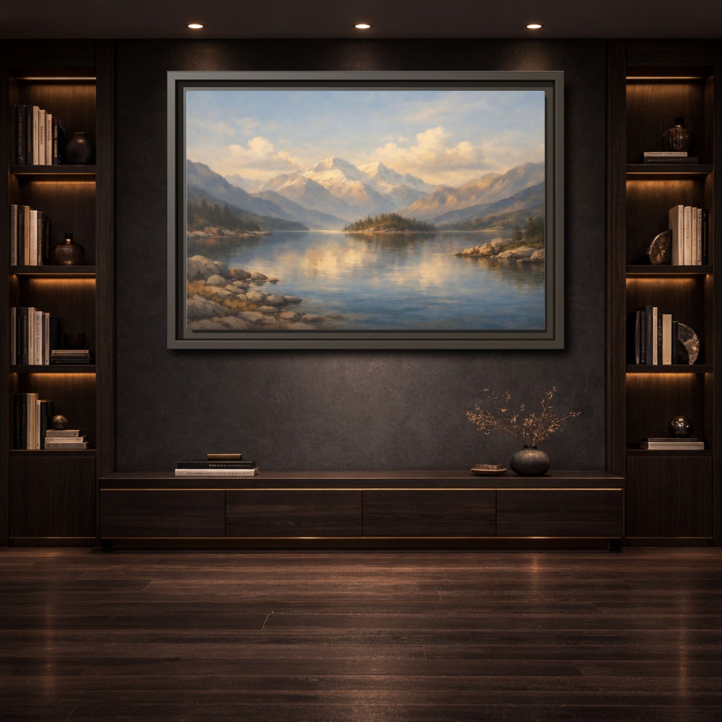 Mockup 3. Nature Mountain Lake Mountain Lake Landscape shown as stretched canvas wall art