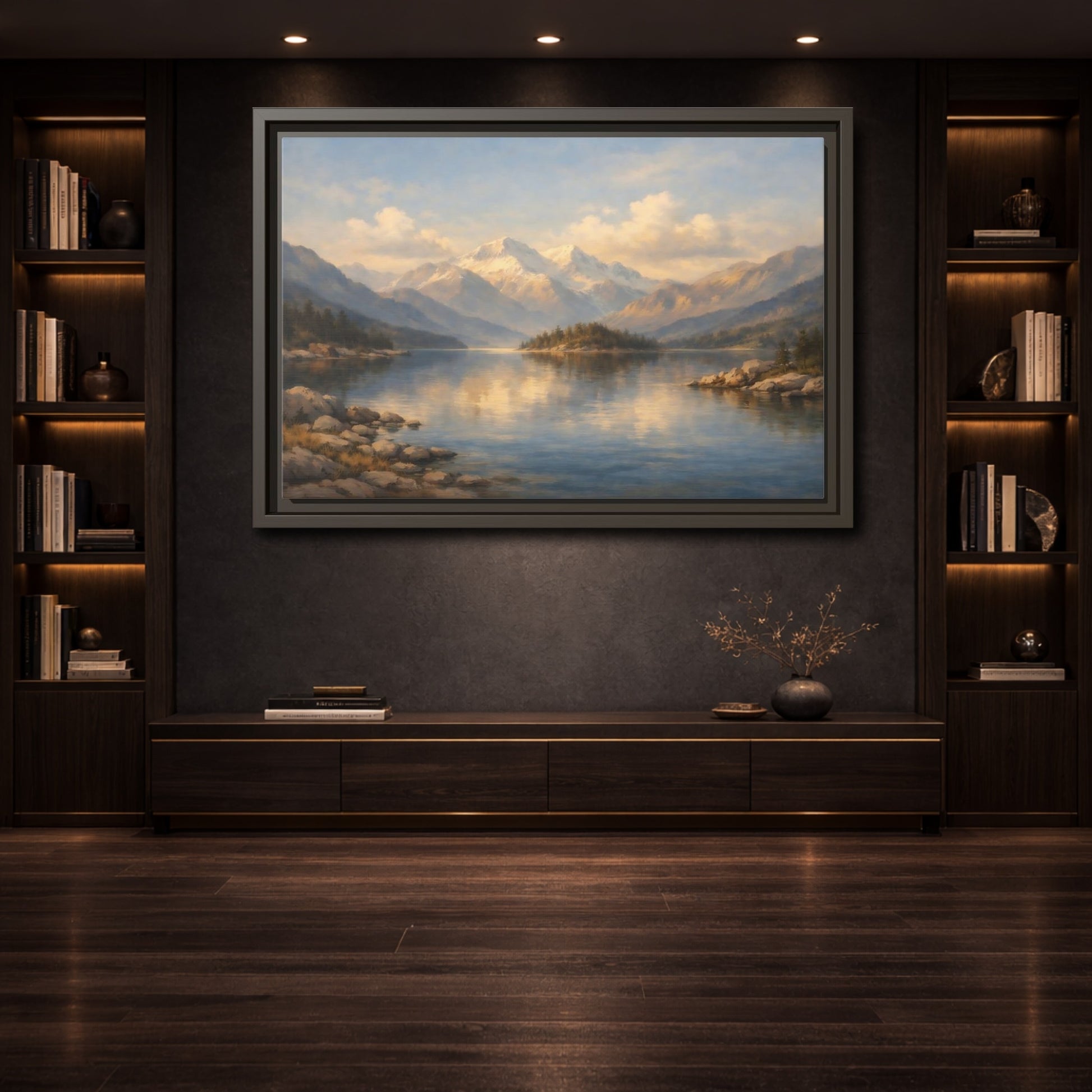 Mockup 3. Nature Mountain Lake Mountain Lake Landscape shown as stretched canvas wall art