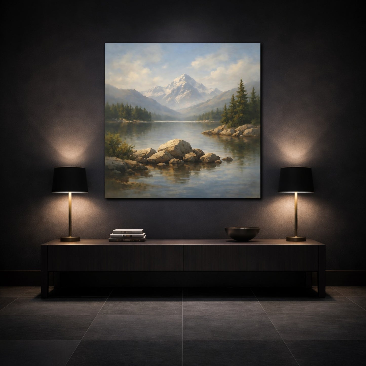 Mockup 3. Nature Mountain Lake Mountain Lake Landscape shown as stretched canvas wall art