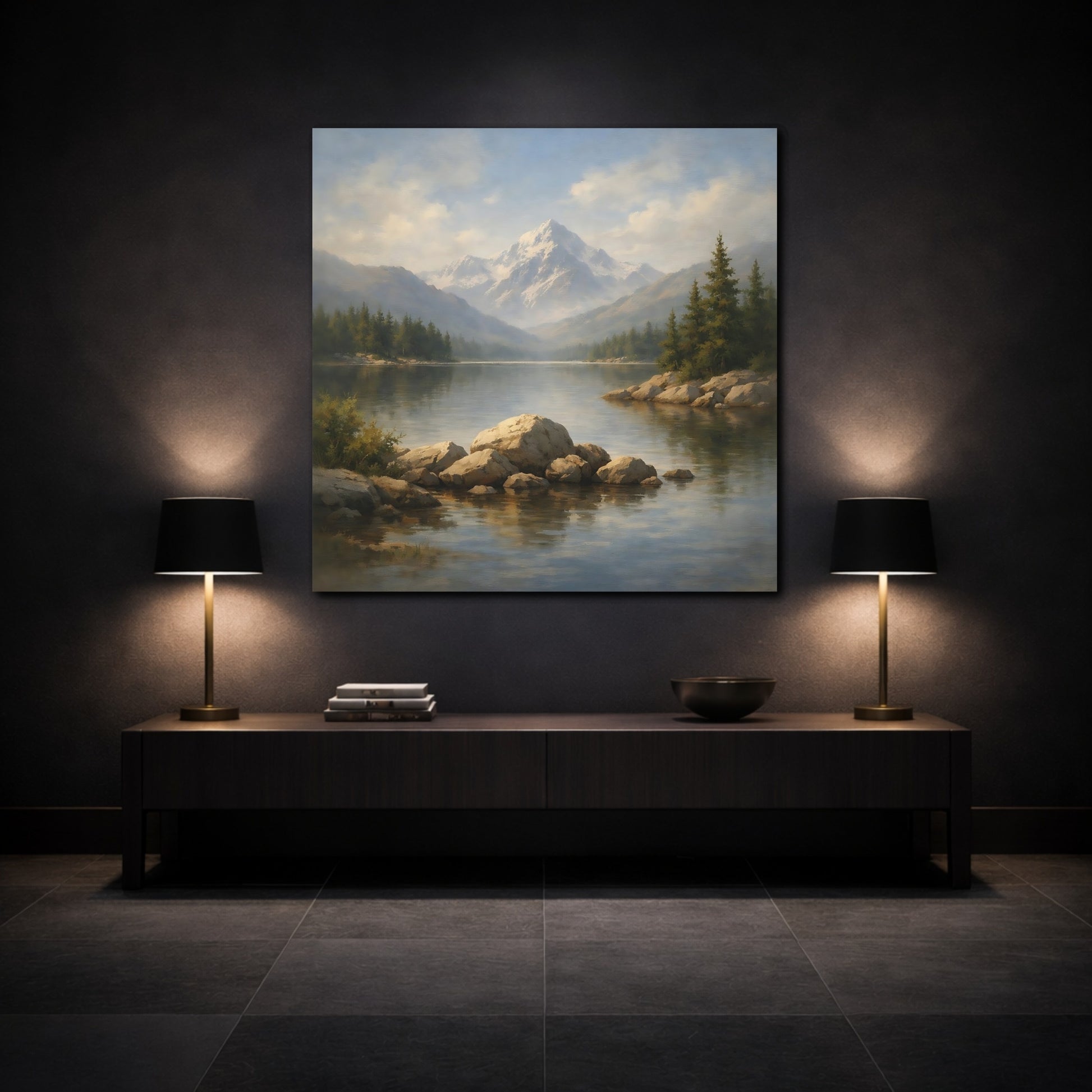 Mockup 3. Nature Mountain Lake Mountain Lake Landscape shown as stretched canvas wall art