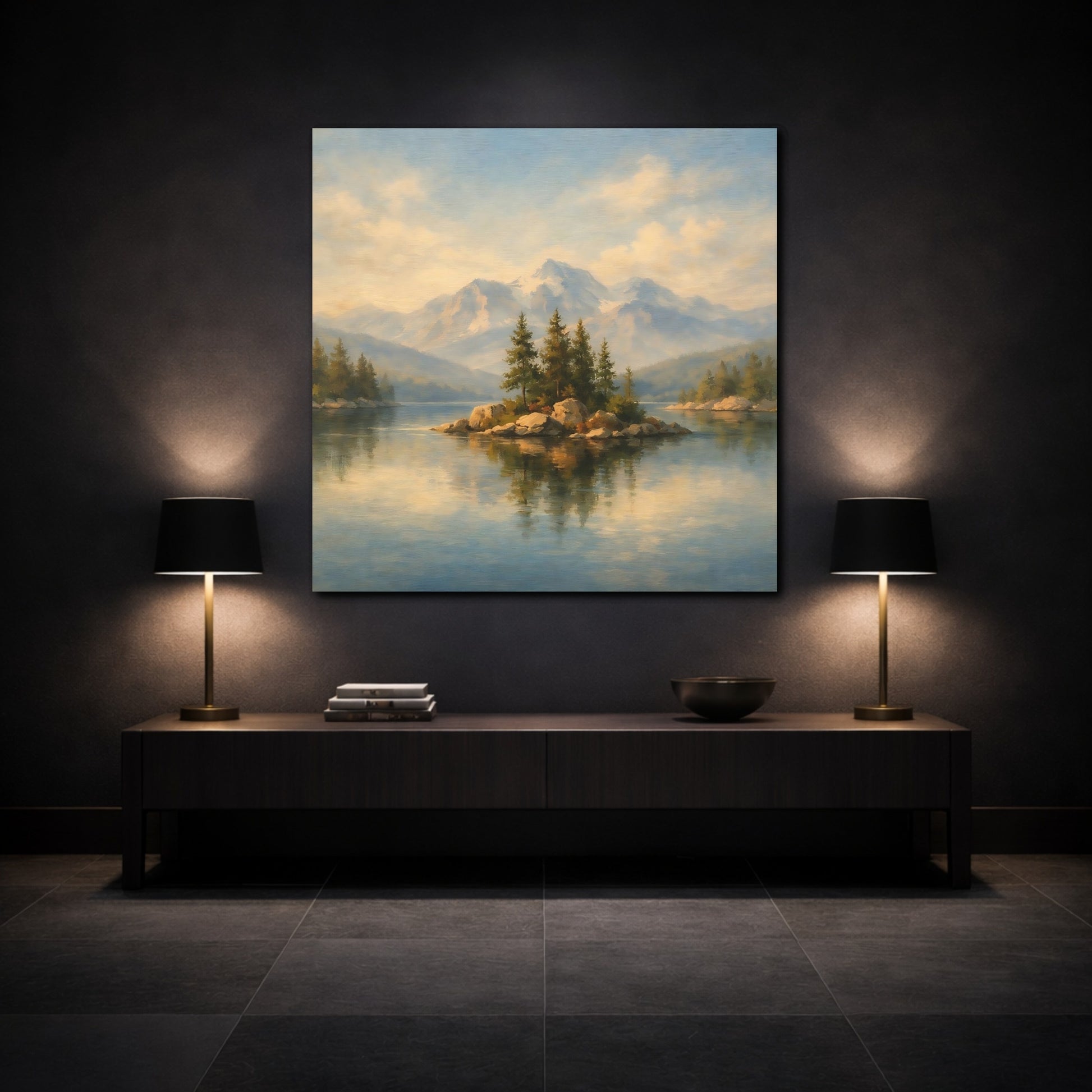 Mockup 3. Nature Mountain Lake Mountain Lake Landscape shown as stretched canvas wall art