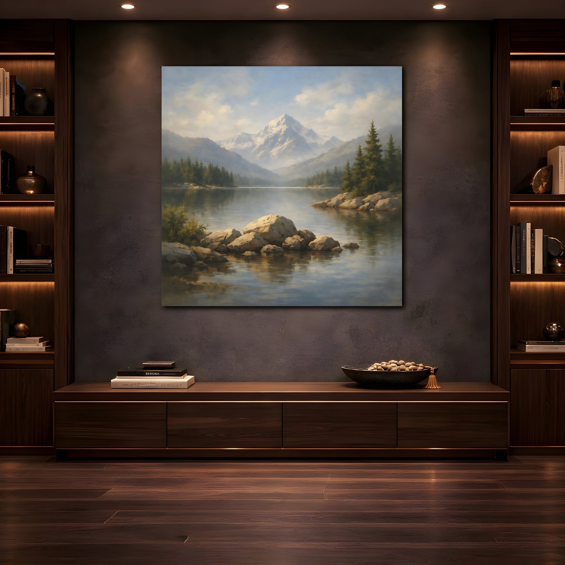 Mockup 4. Nature Mountain Lake Mountain Lake Landscape shown as stretched canvas wall art