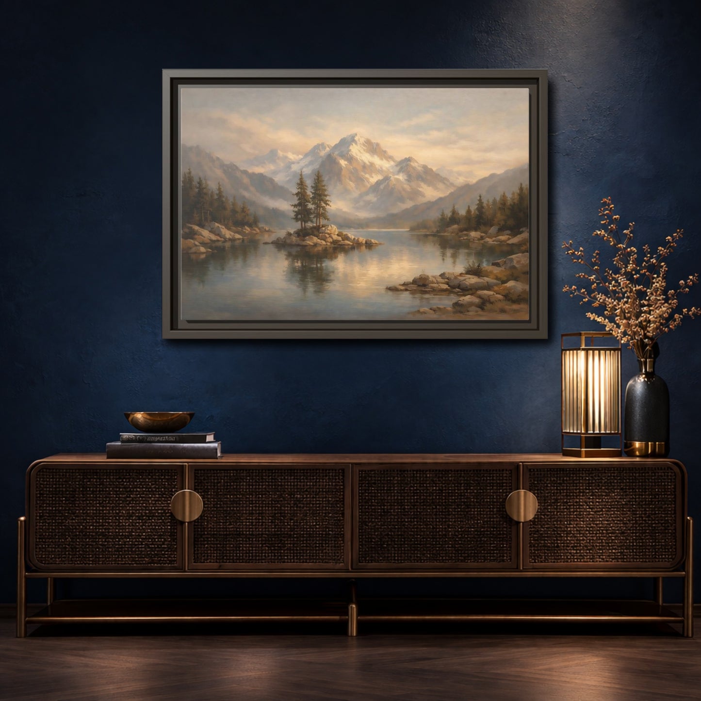 Mockup 4. Nature Mountain Lake Mountain Lake Landscape shown as stretched canvas wall art