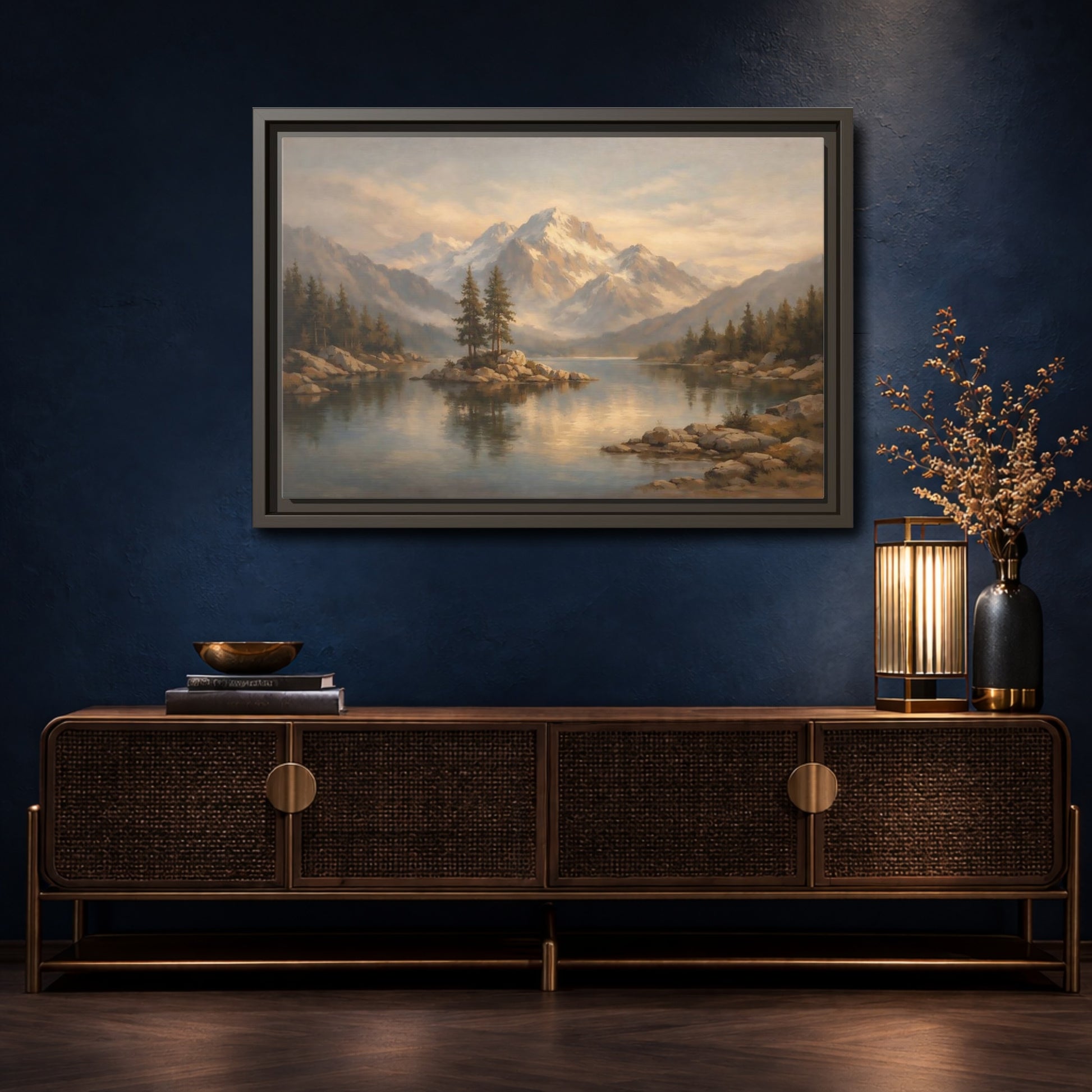 Mockup 4. Nature Mountain Lake Mountain Lake Landscape shown as stretched canvas wall art