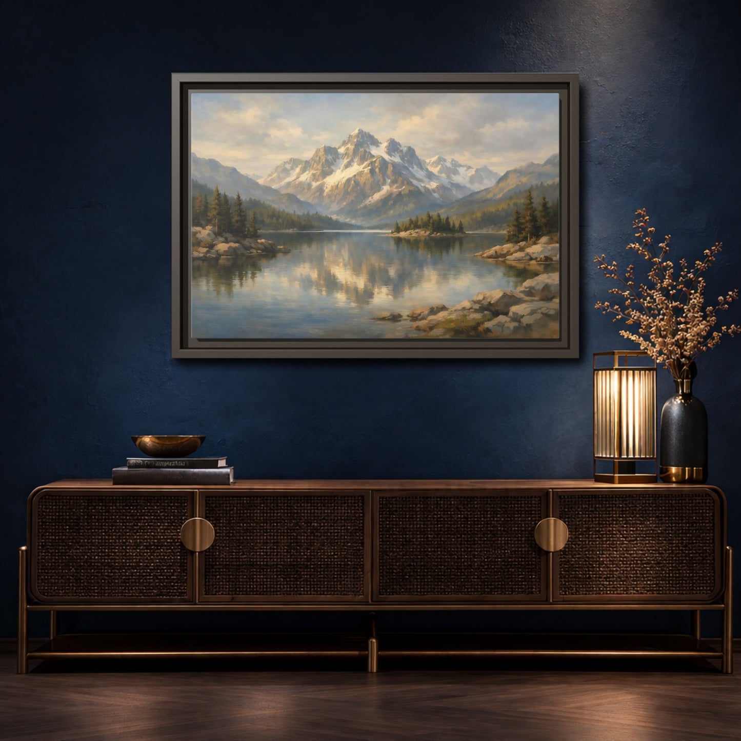 Mockup 4. Nature Mountain Lake Mountain Lake Landscape shown as stretched canvas wall art