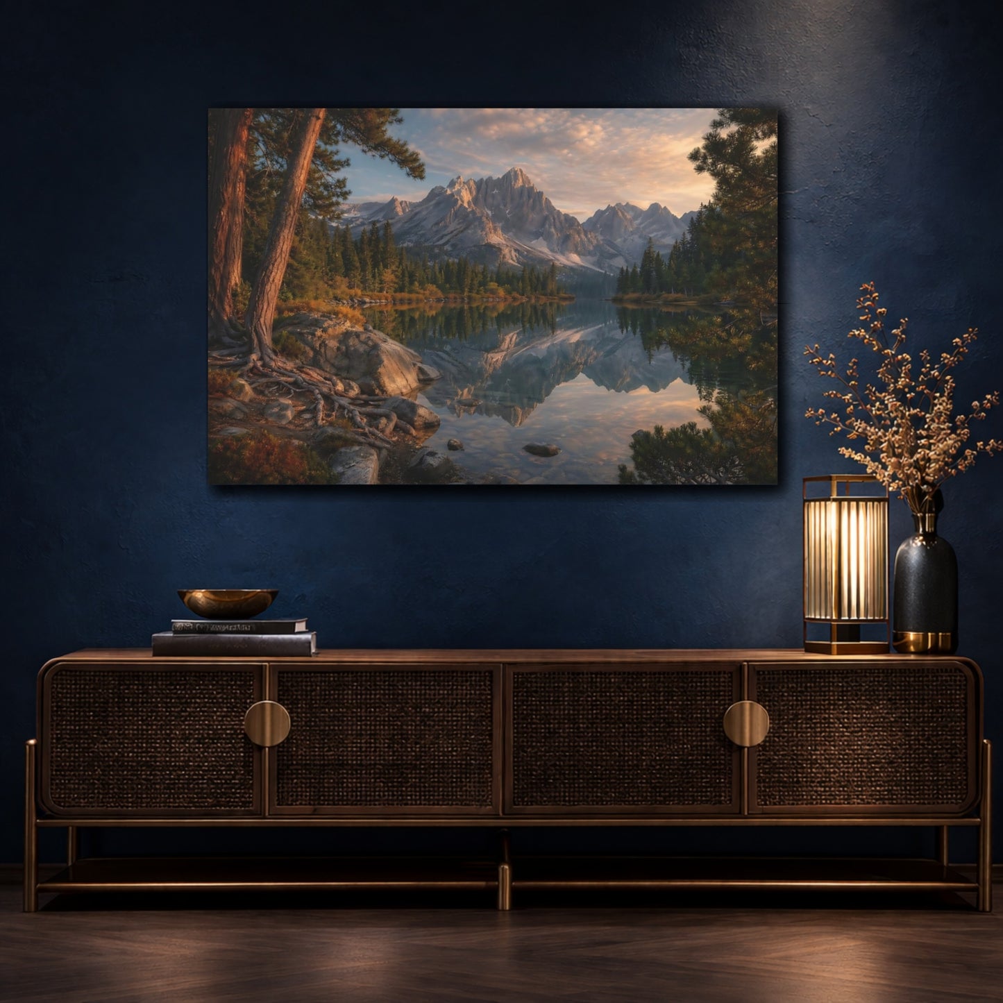 Mockup 4. Nature Mountain Lake Mountain Lake Landscape shown as stretched canvas wall art