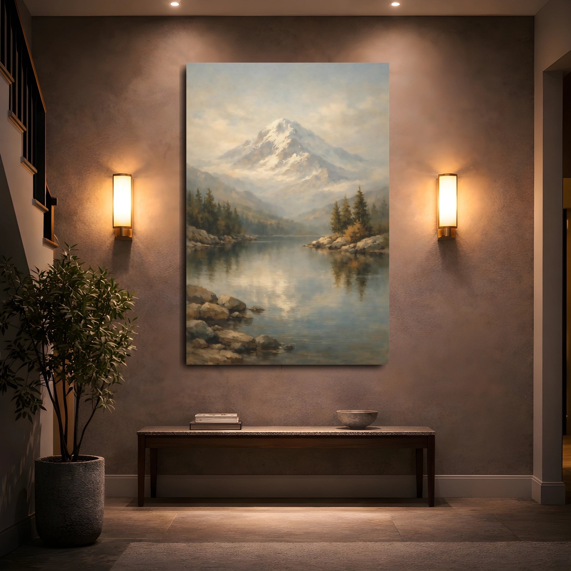 Mockup 4. Nature Mountain Lake Mountain Lake Landscape shown as stretched canvas wall art