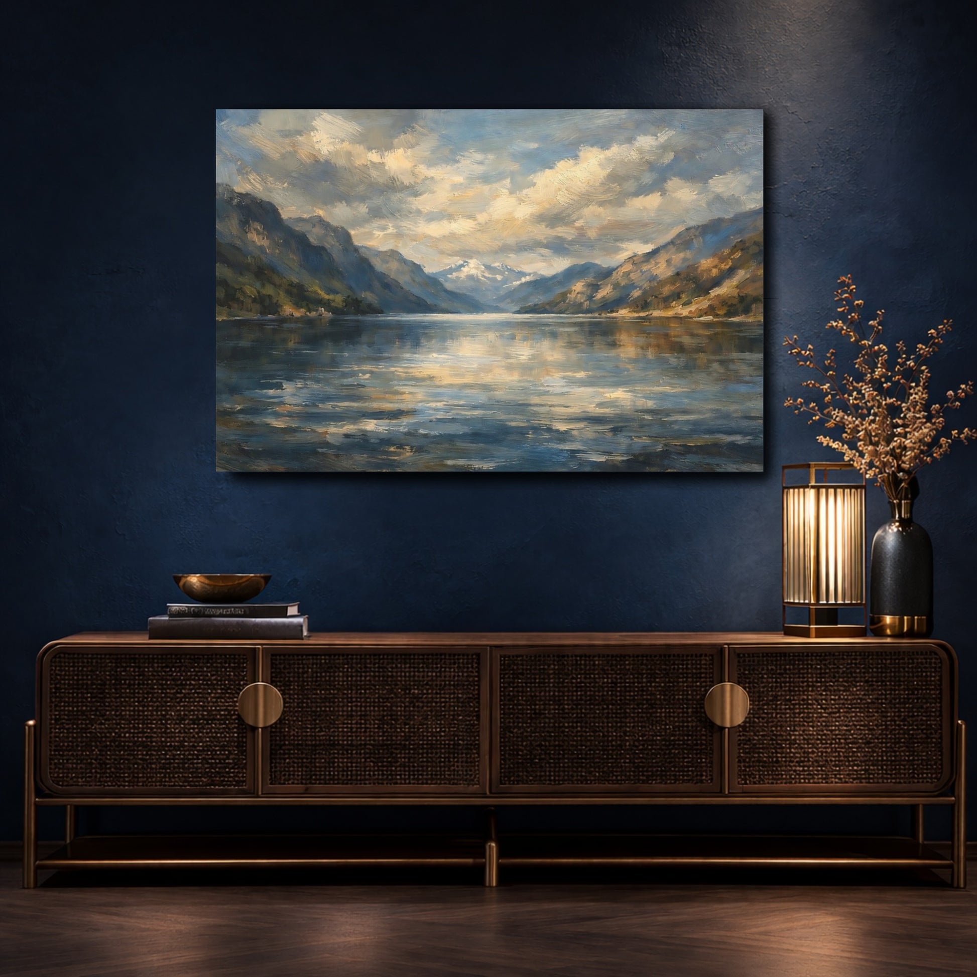 Mockup 4. Nature Mountain Lake Mountain Lake Landscape shown as stretched canvas wall art