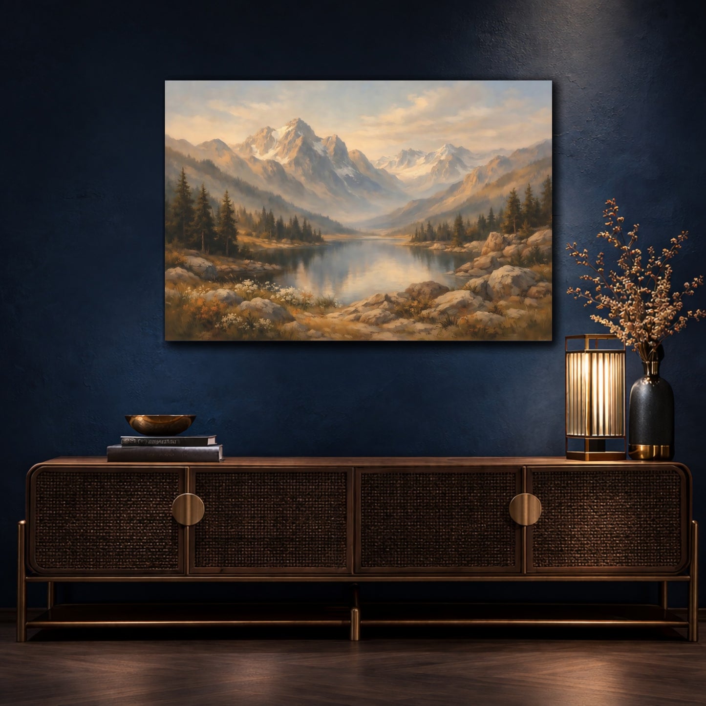 Mockup 4. Nature Mountain Lake Mountain Lake Landscape shown as stretched canvas wall art