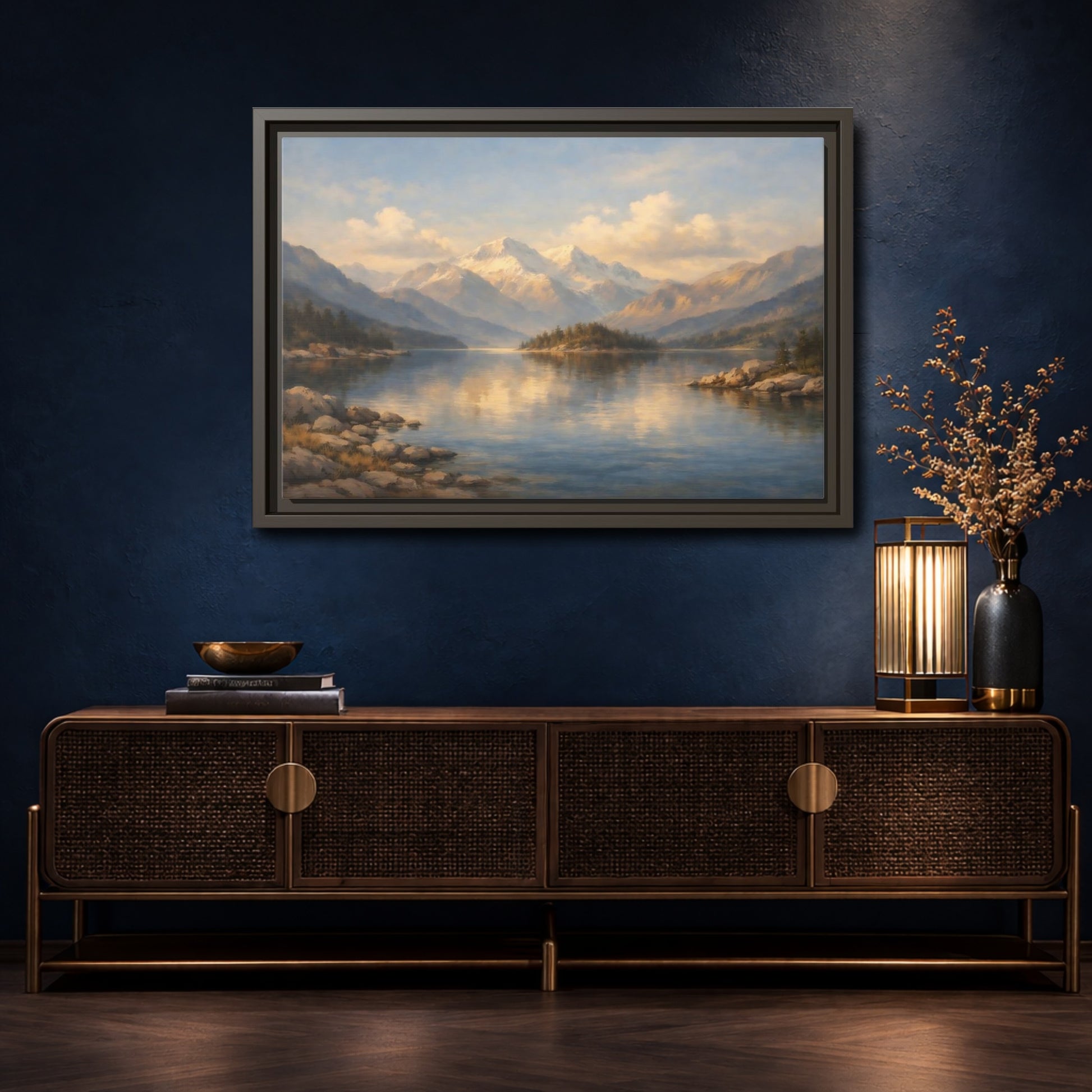 Mockup 4. Nature Mountain Lake Mountain Lake Landscape shown as stretched canvas wall art