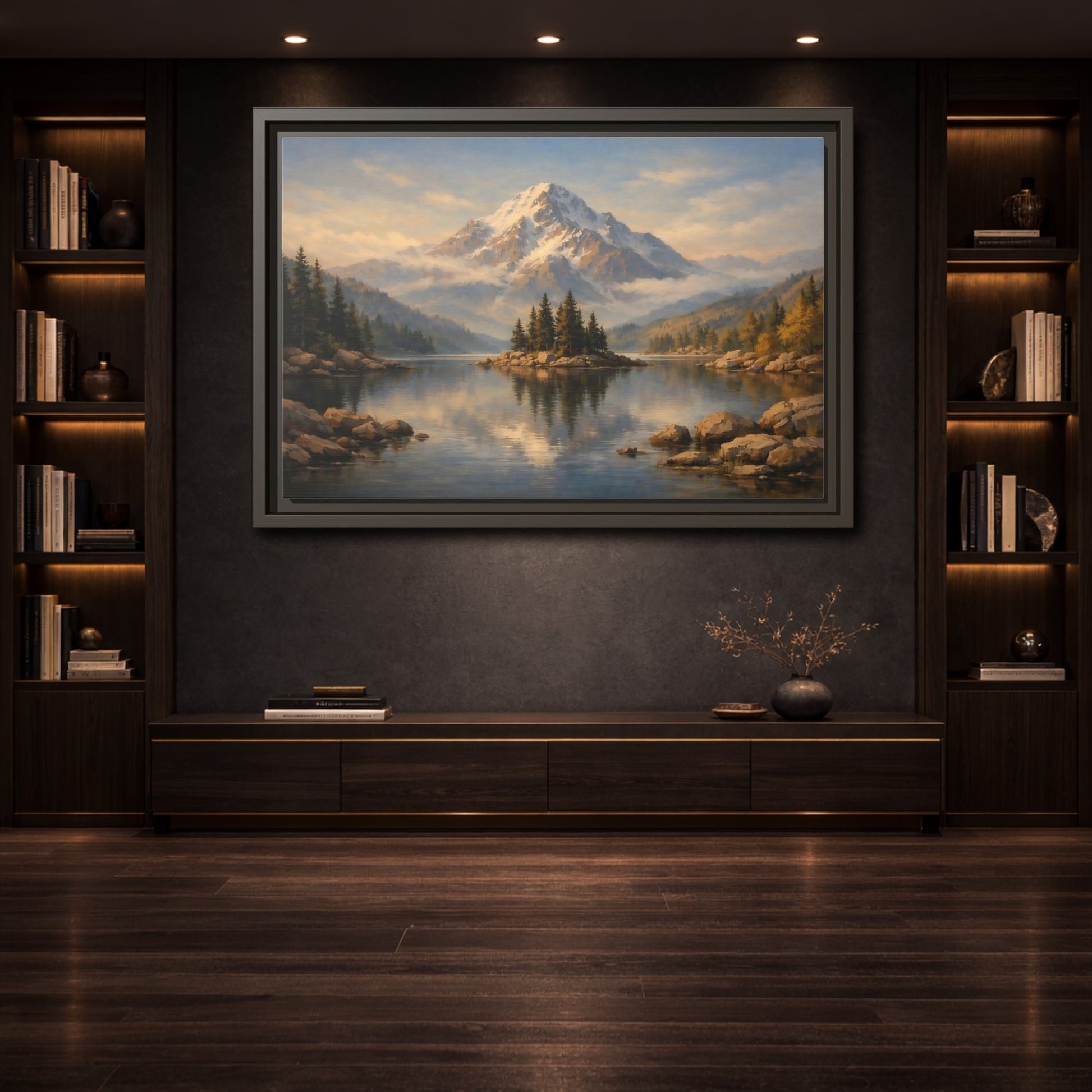 Mockup 3. Nature Mountain Lake Mountain Lake Painting shown as stretched canvas wall art