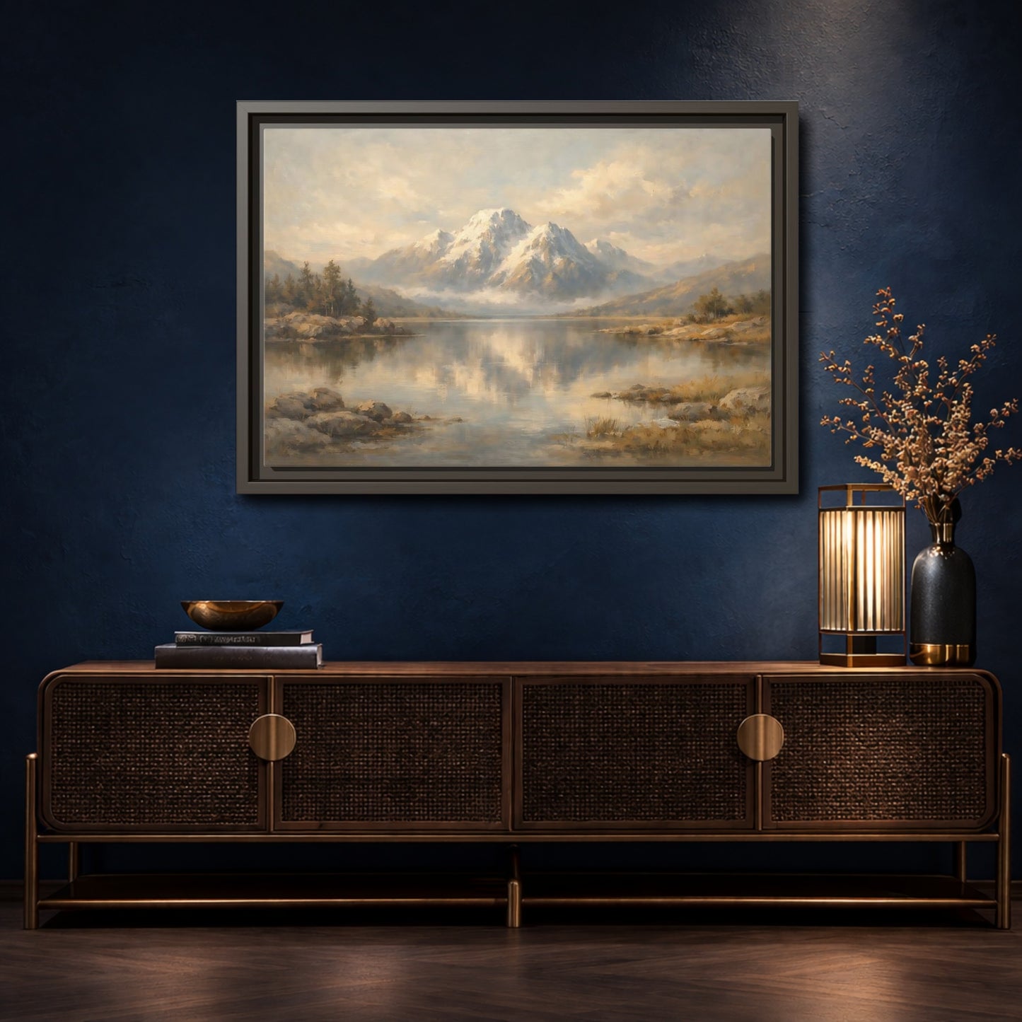 Mockup 4. Nature Mountain Lake Mountain Lake Painting shown as stretched canvas wall art