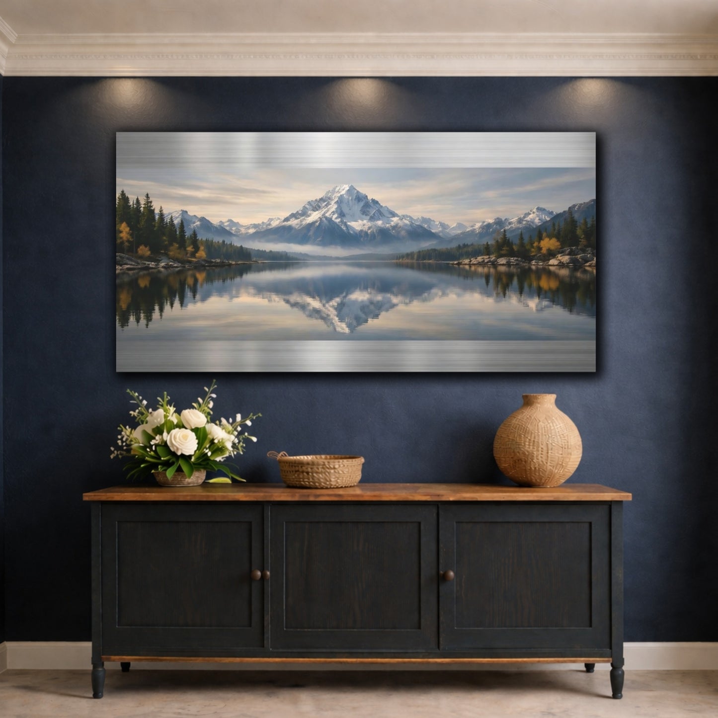 Mockup 4. Nature Mountain Lake Mountain Lake Reflection shown as stretched canvas wall art