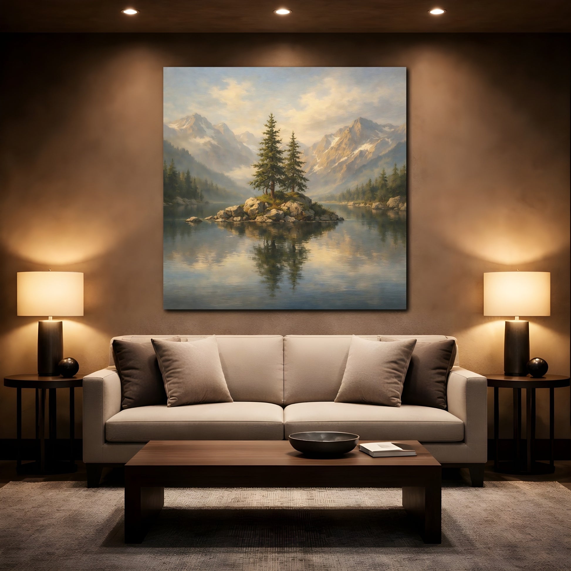 Mockup 2. Nature Mountain Lake Mountain Lake shown as stretched canvas wall art