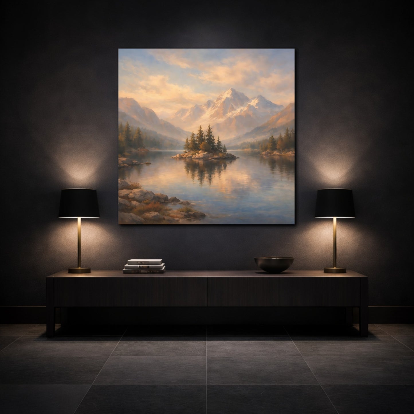 Mockup 3. Nature Mountain Lake Mountain Lake shown as stretched canvas wall art