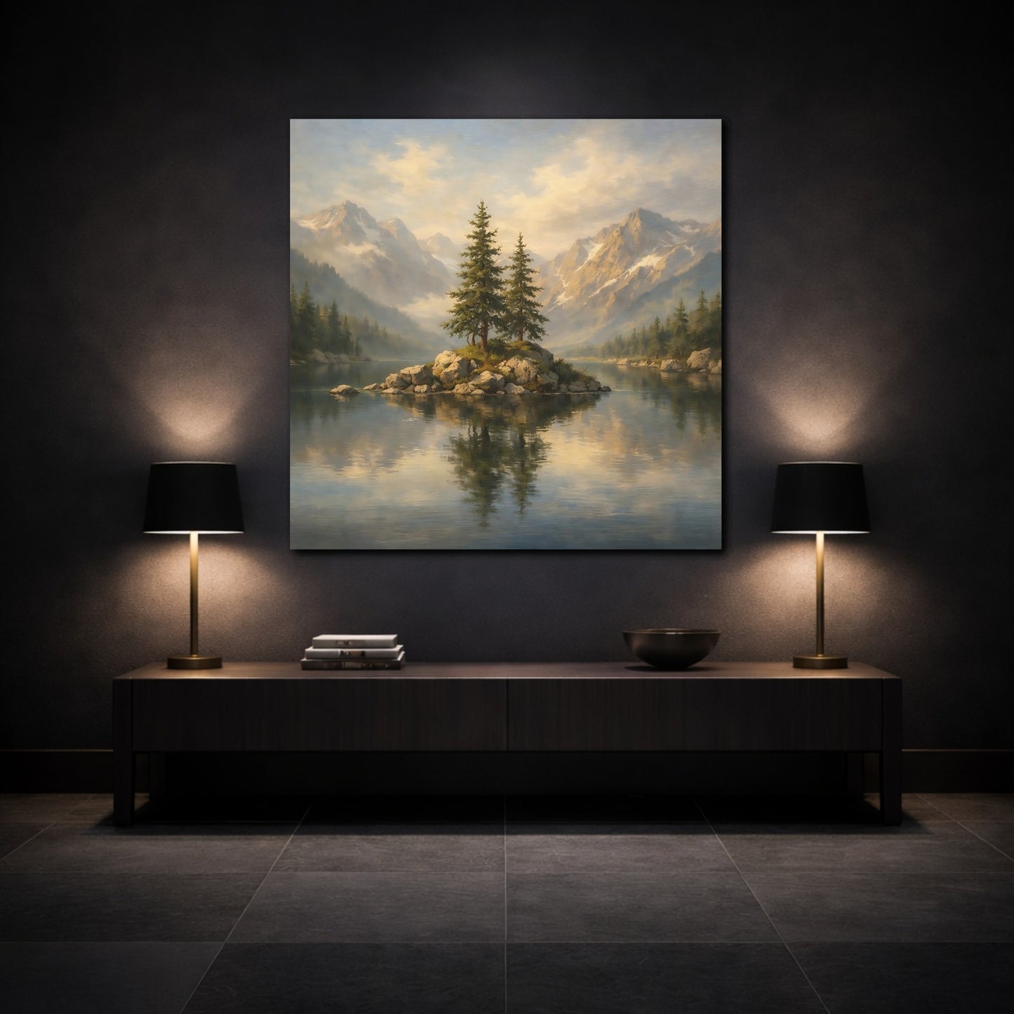 Mockup 3. Nature Mountain Lake Mountain Lake shown as stretched canvas wall art