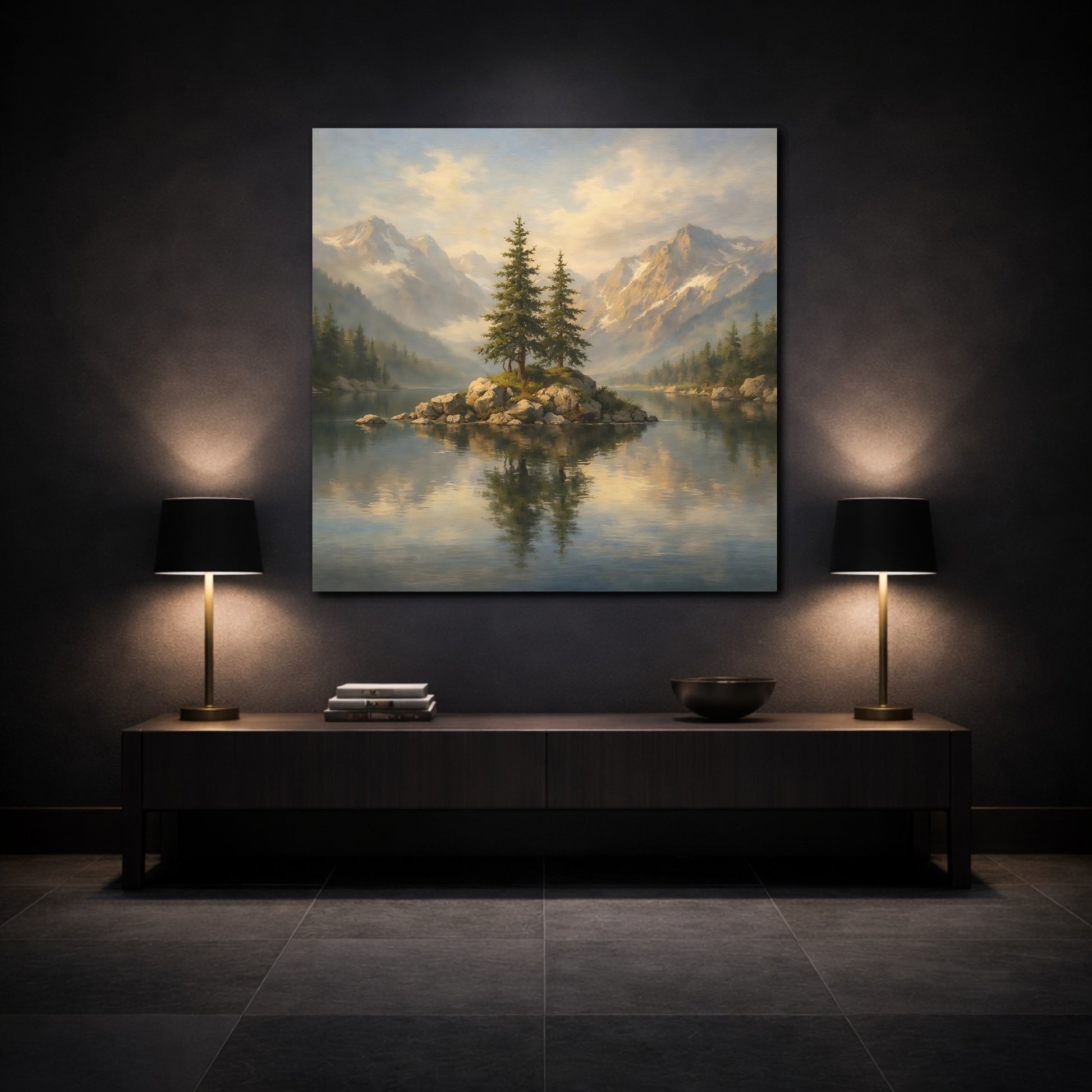Mockup 3. Nature Mountain Lake Mountain Lake shown as stretched canvas wall art