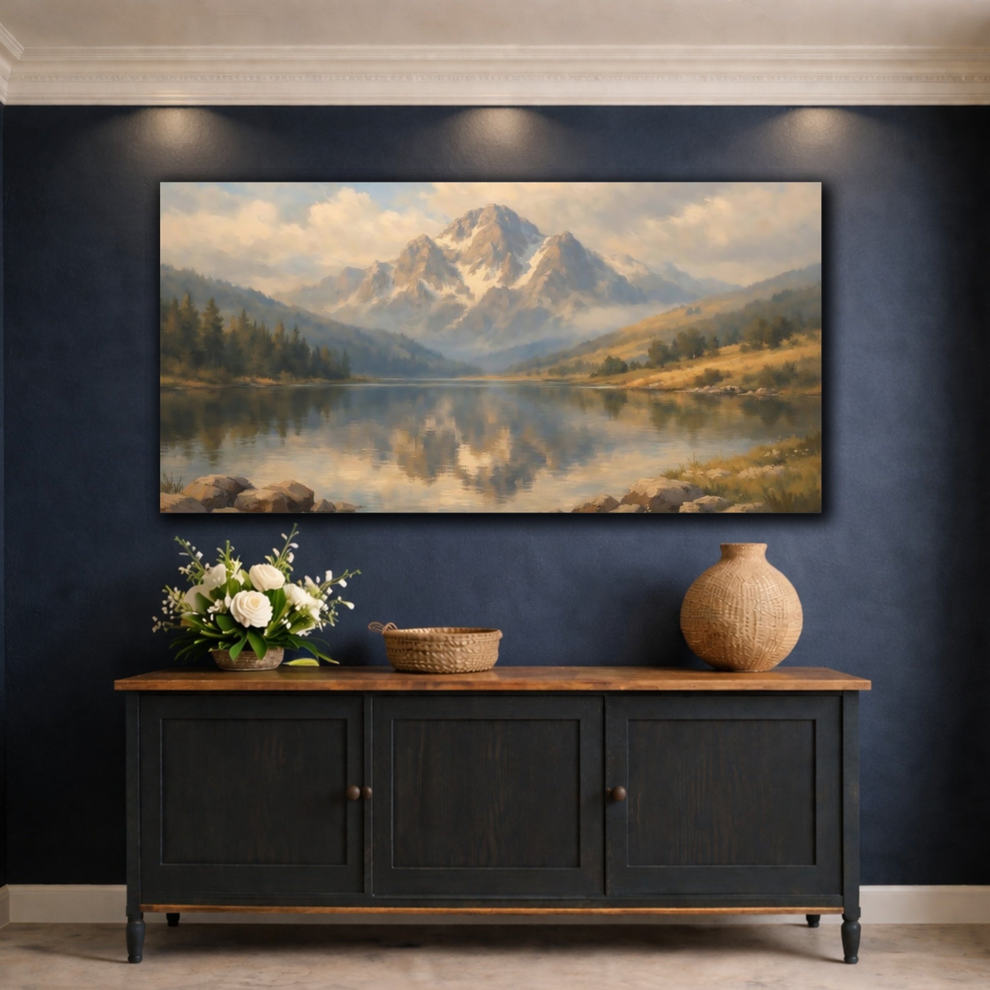 Mockup 4. Nature Mountain Lake Mountain Lake shown as stretched canvas wall art