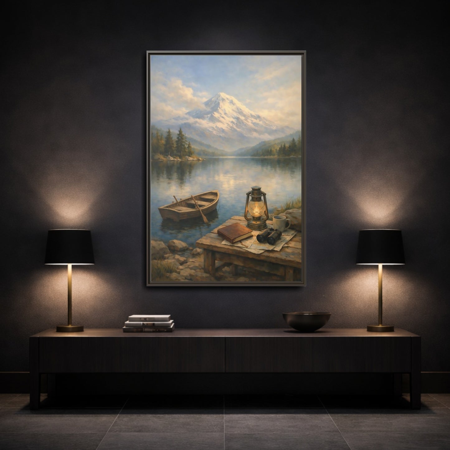 Mockup 2. Nature Mountain Lake Mountain Lake Scene shown as stretched canvas wall art