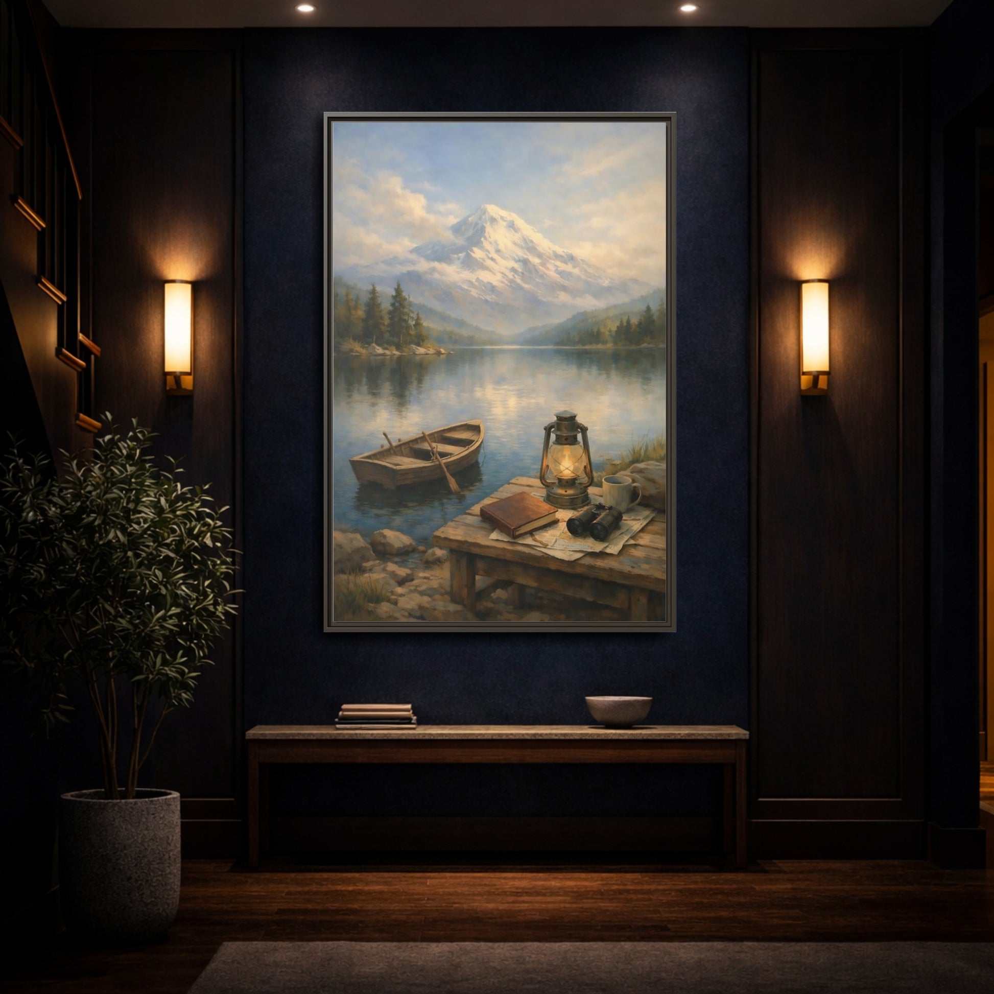 Mockup 3. Nature Mountain Lake Mountain Lake Scene shown as stretched canvas wall art